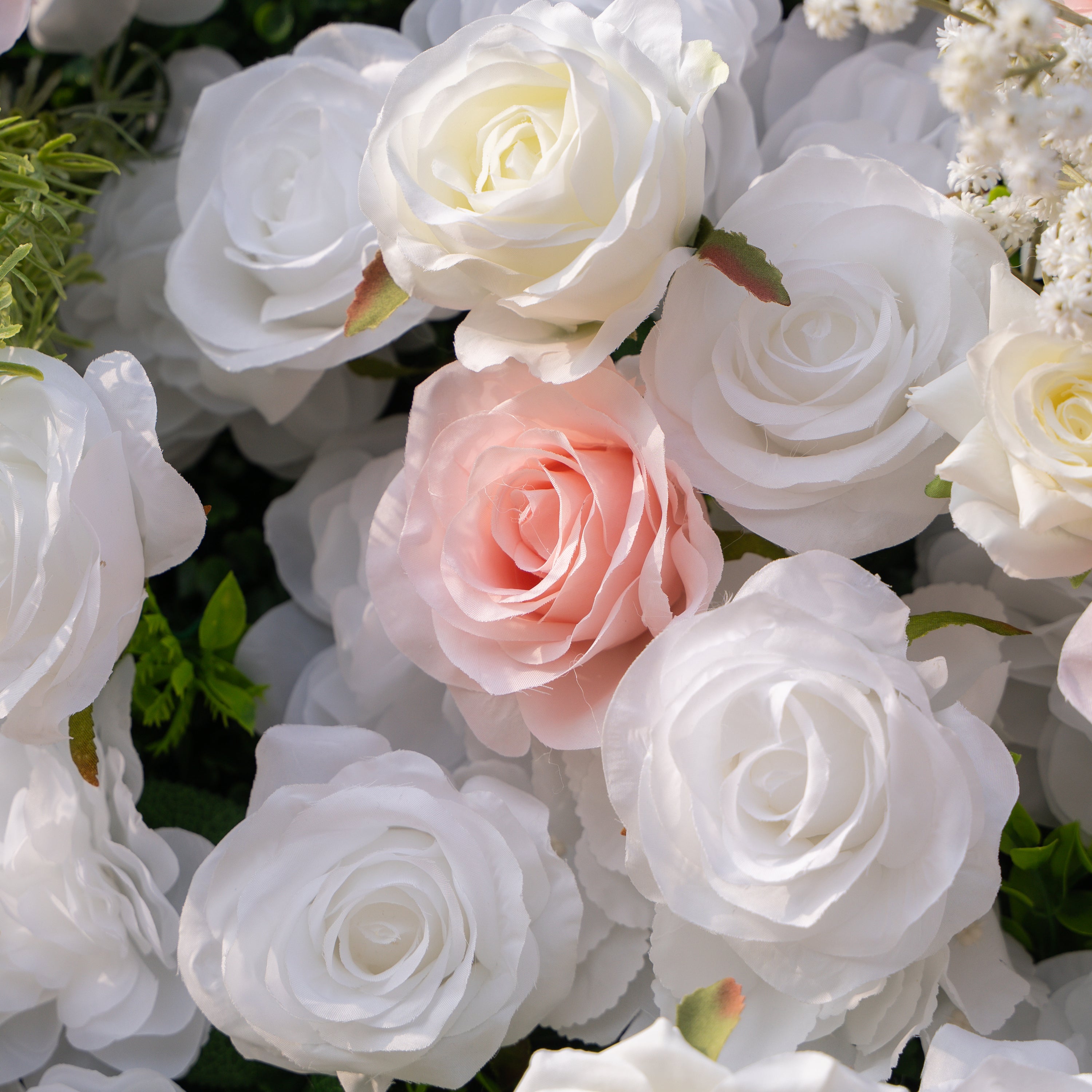 Céline: 3D Elegant White & Blush Pink Silk Rose Flower Wall Roll-Up Fabric Backdrop for Luxury Weddings & Events(In Us Stock & Shipping 5-7 Days)