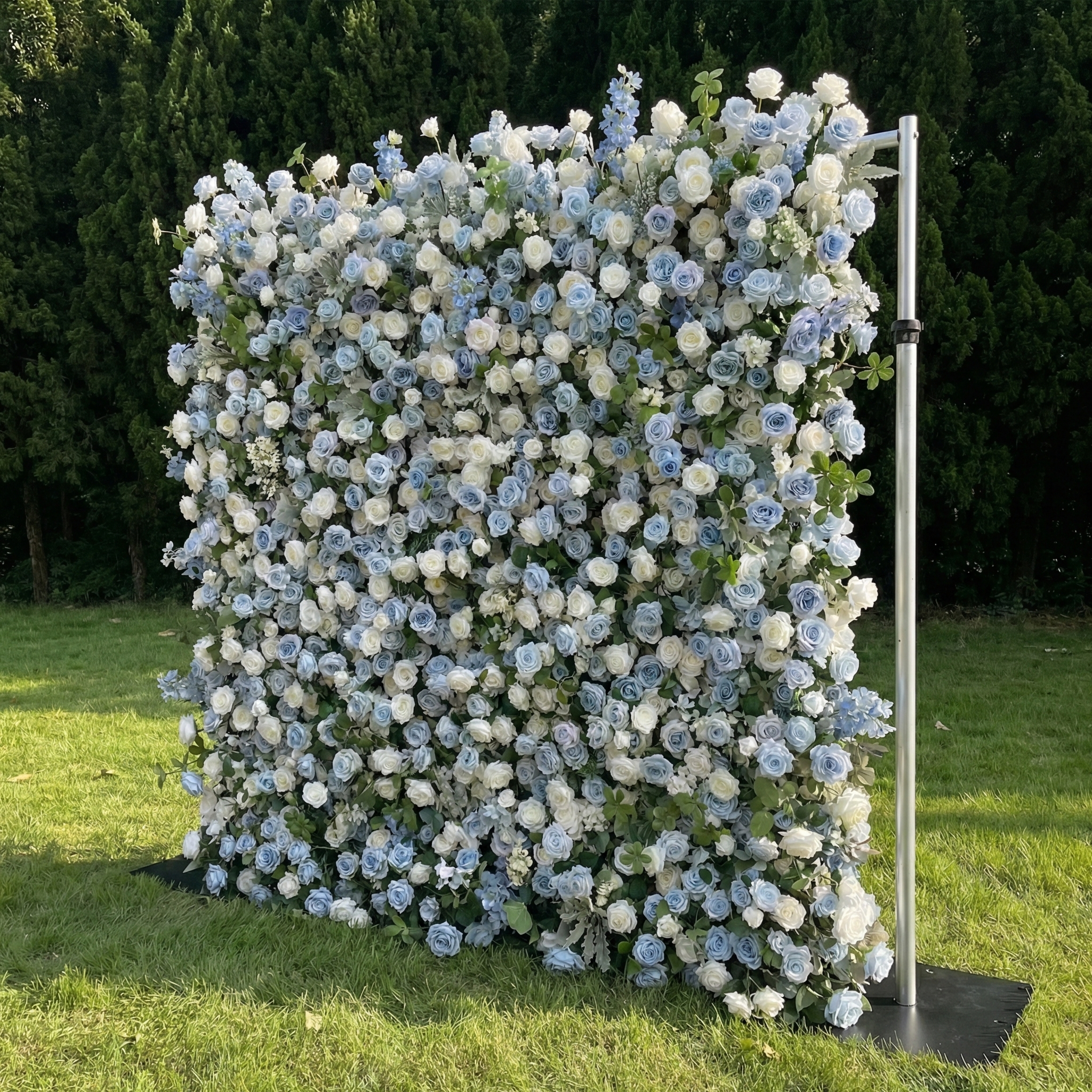 Corin: Luxury 5D Serene Blue & Cream Silk Floral Wall Roll-Up Fabric Backdrop for Seaside Weddings & Events