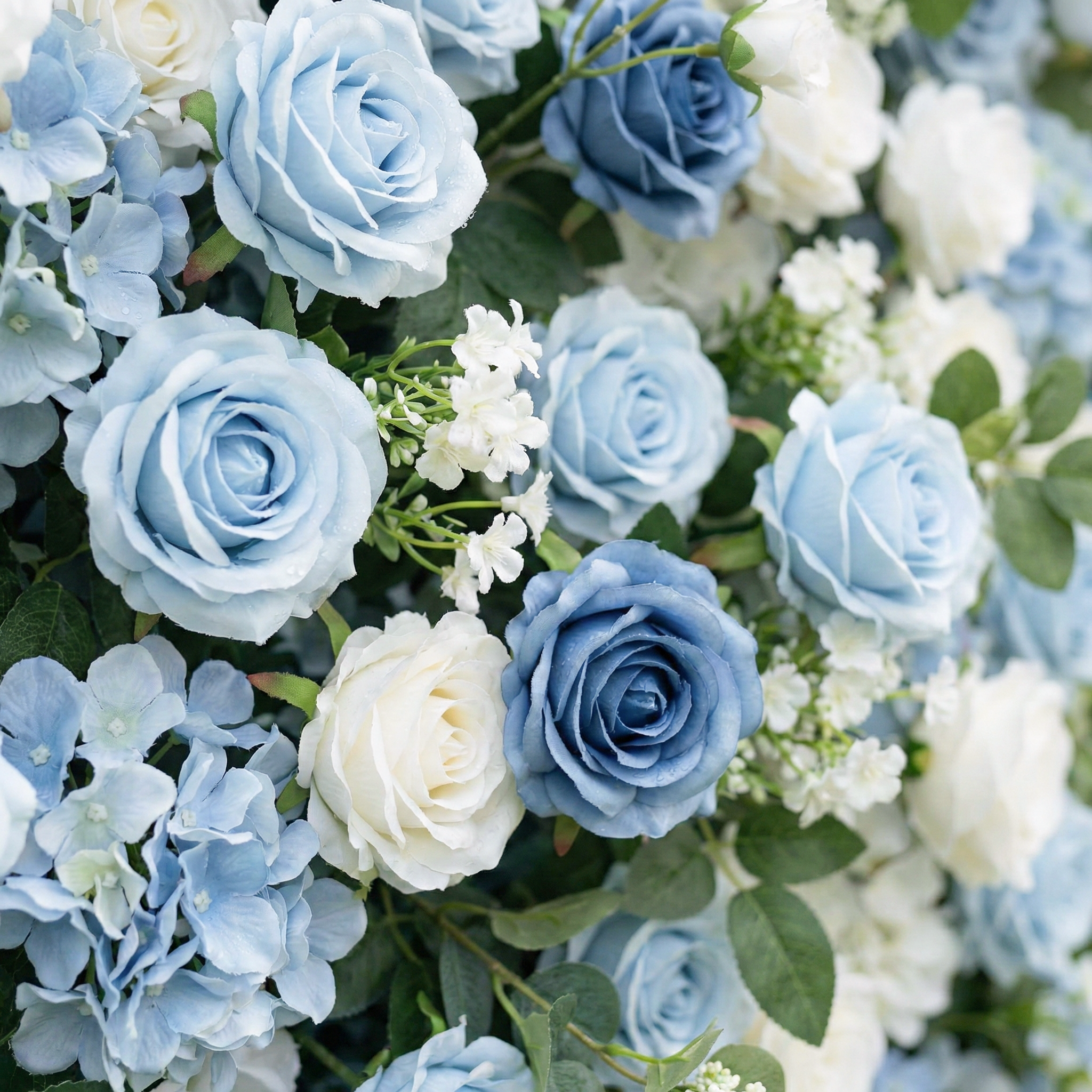 Corin: Luxury 5D Serene Blue & Cream Silk Floral Wall Roll-Up Fabric Backdrop for Seaside Weddings & Events