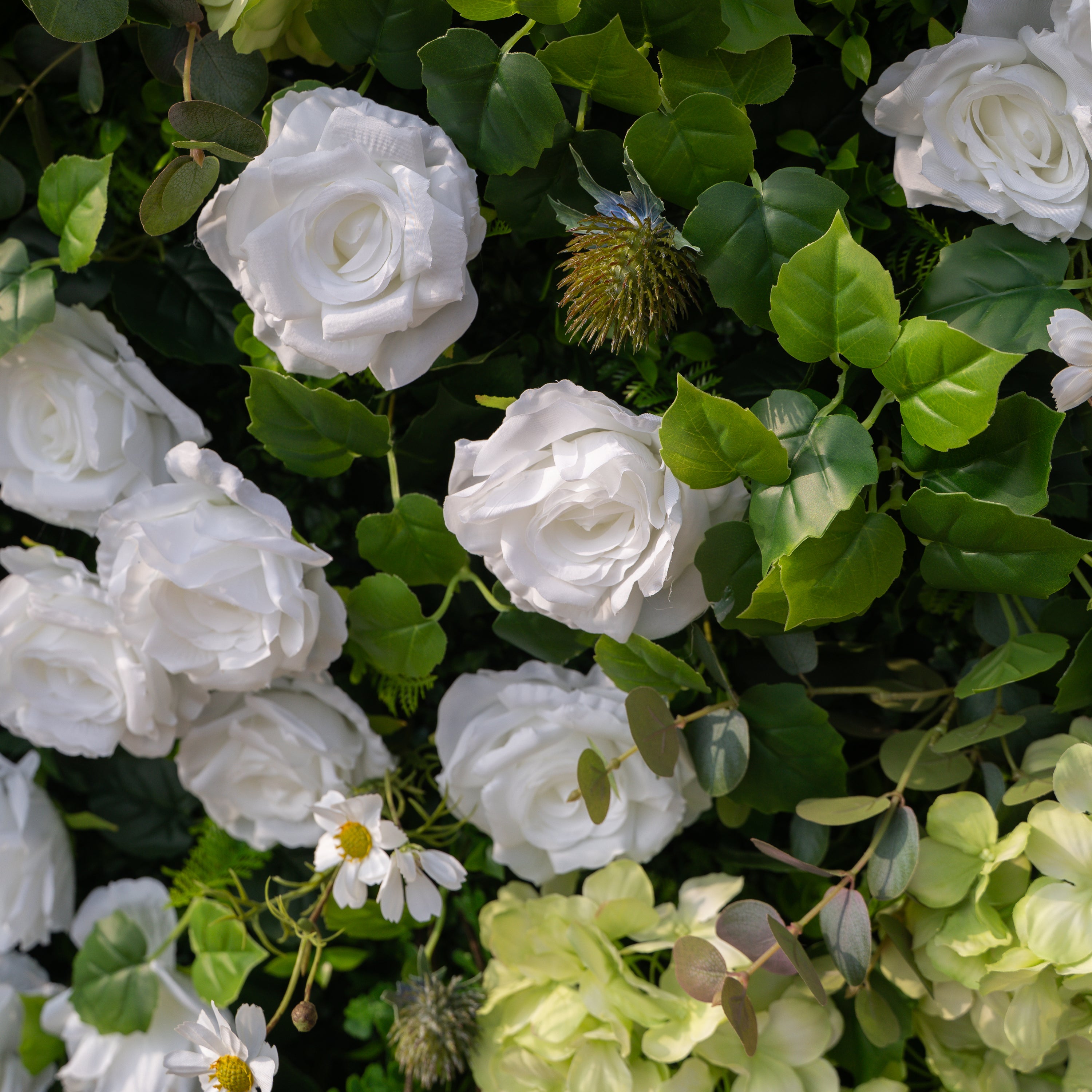 Cressida: 3D Elegant White Silk Rose & Greenery Foliage Wall Roll-Up Fabric Backdrop for Luxury Weddings, Parties & Botanical Decor