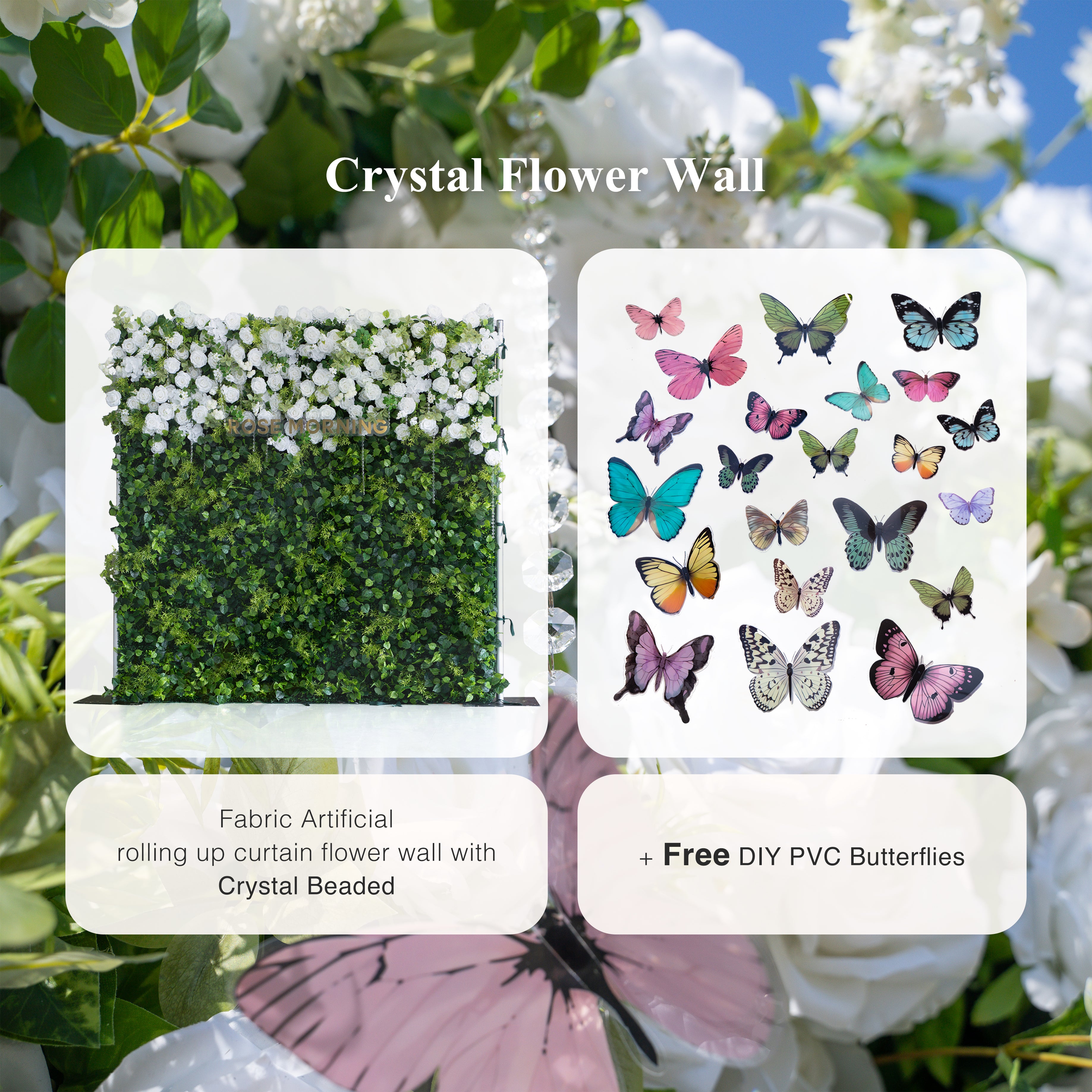 Crystal:Fabric Artificial rolling up curtain flower wall with Crystal Beaded and PVC Butterflies for DIY (Ready to Ship-Only in USA)