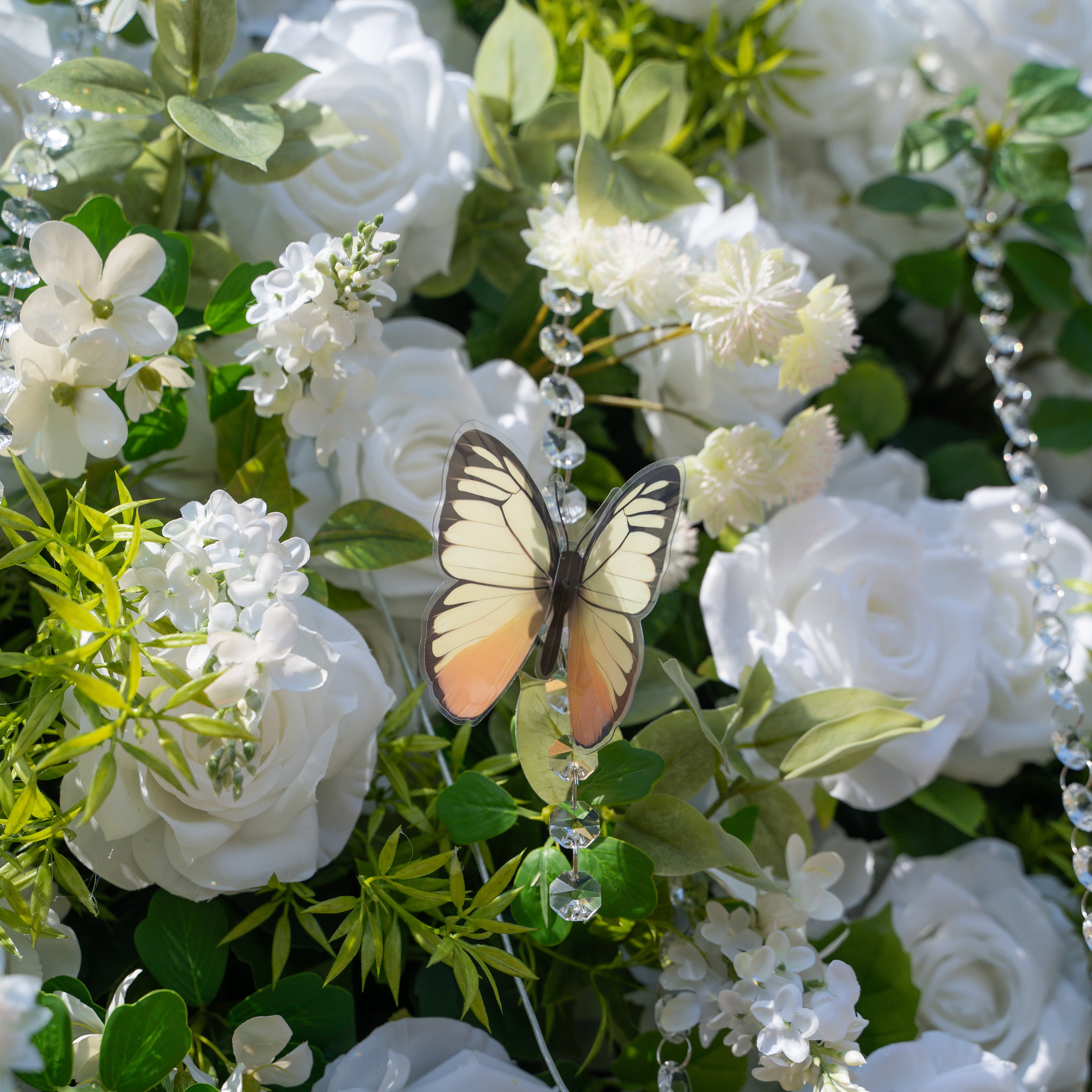 Crystal:Fabric Artificial rolling up curtain flower wall with Crystal Beaded and PVC Butterflies for DIY (Ready to Ship-Only in USA)