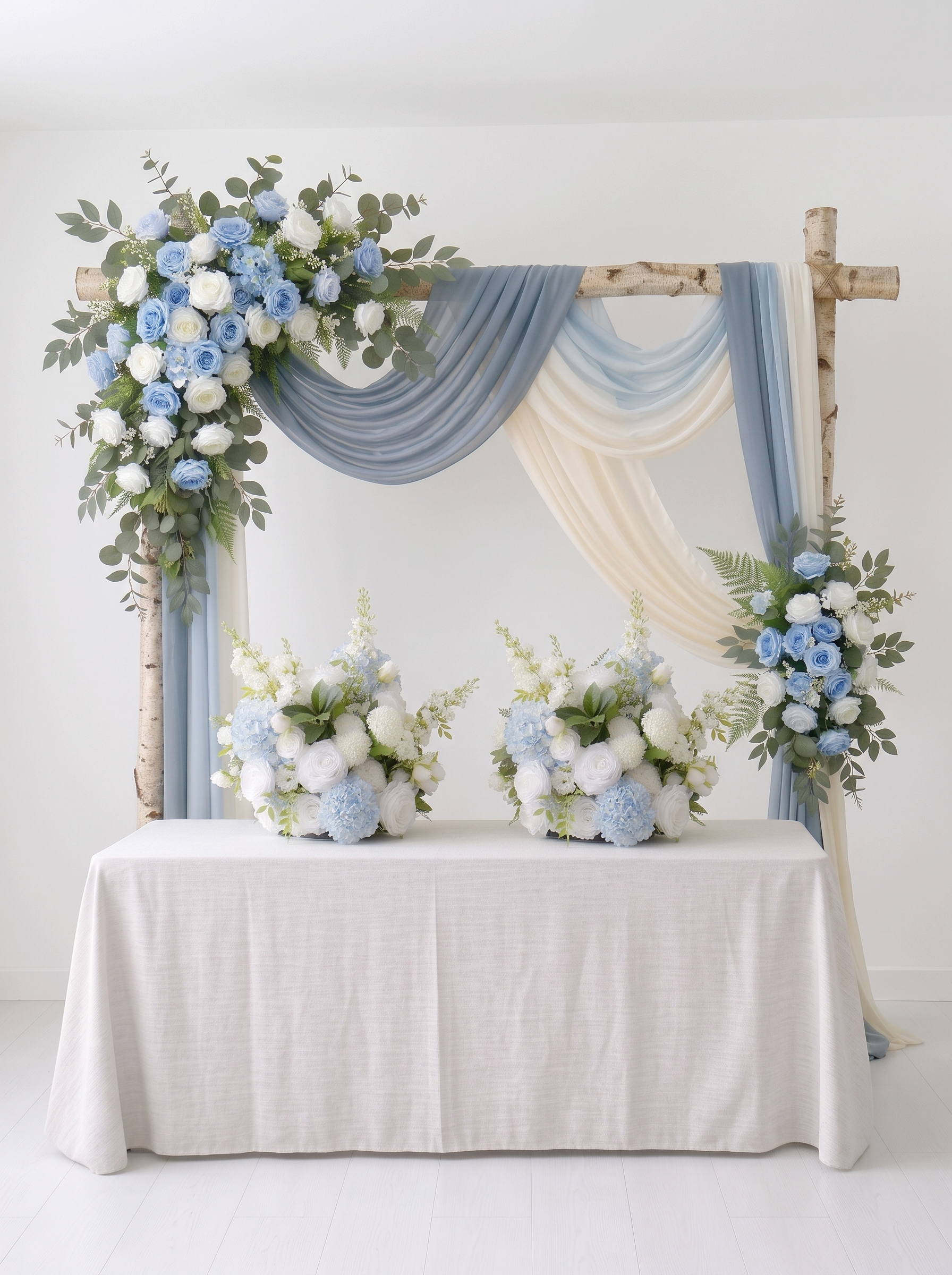 Dusty Blue Rose Floral Wedding Arch Flowers Kit with Drapes for Ceremony Backdrop