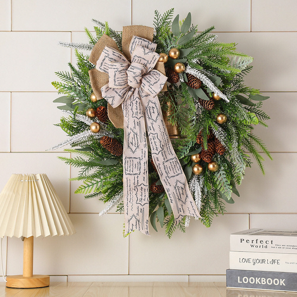 24 Inches Rustic Farmhouse Christmas Wreath with Burlap Bow and Hanging Bell