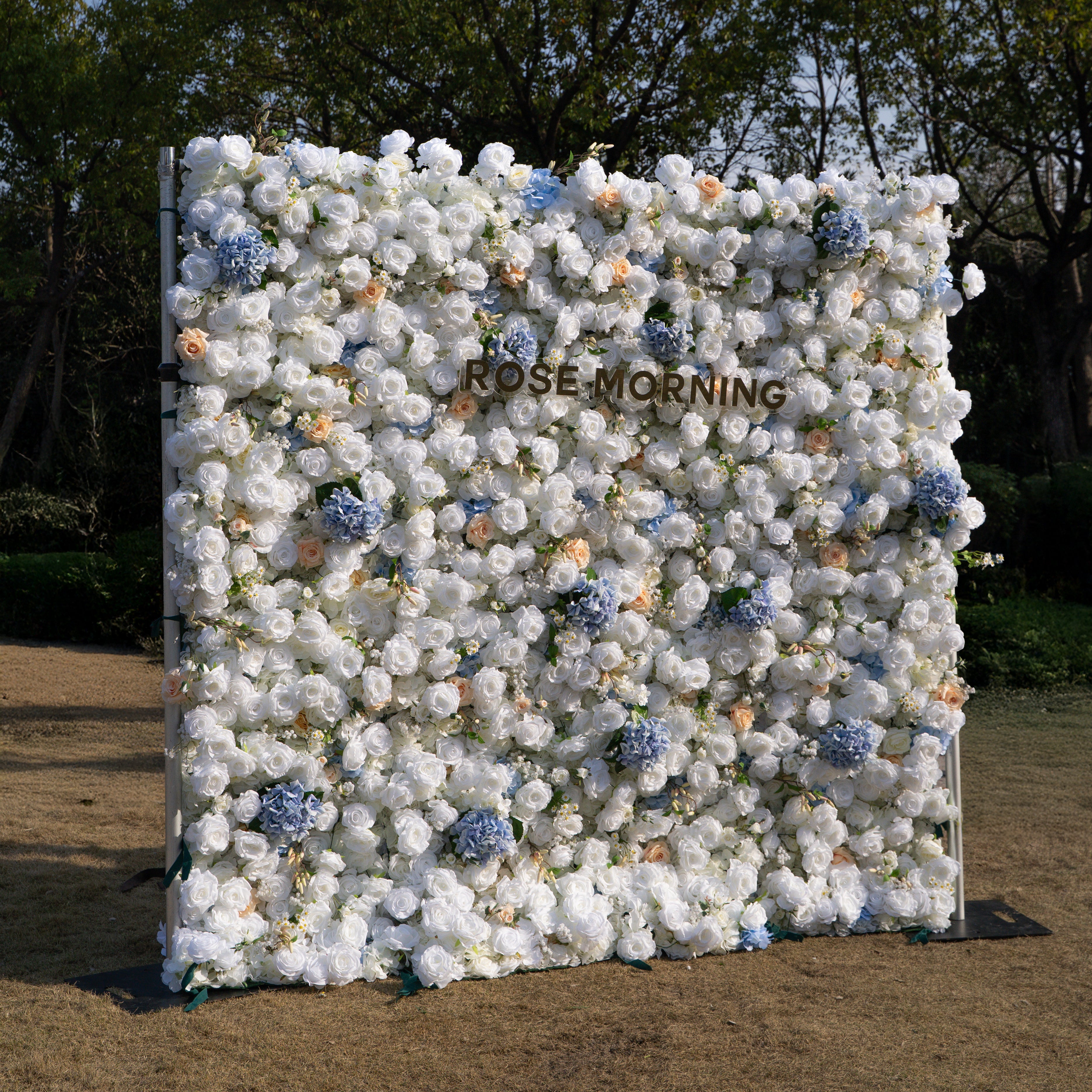 Elodie: 5D White and Yellow Silk Rose with Blue hydrangeas Flower Wall Roll-Up Fabric Backdrop for Elegant Weddings & Events Decoration