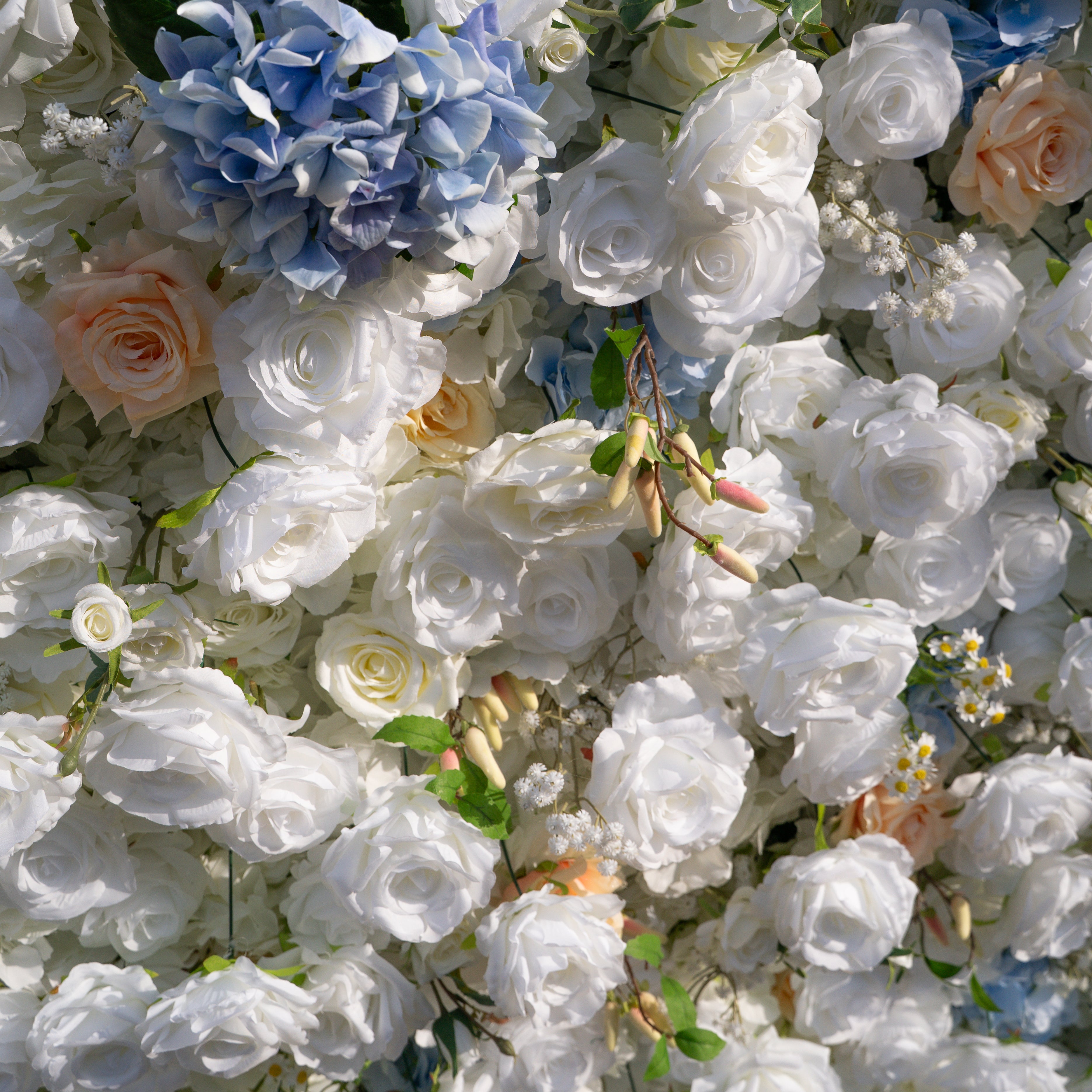Elodie: 5D White and Yellow Silk Rose with Blue hydrangeas Flower Wall Roll-Up Fabric Backdrop for Elegant Weddings & Events Decoration