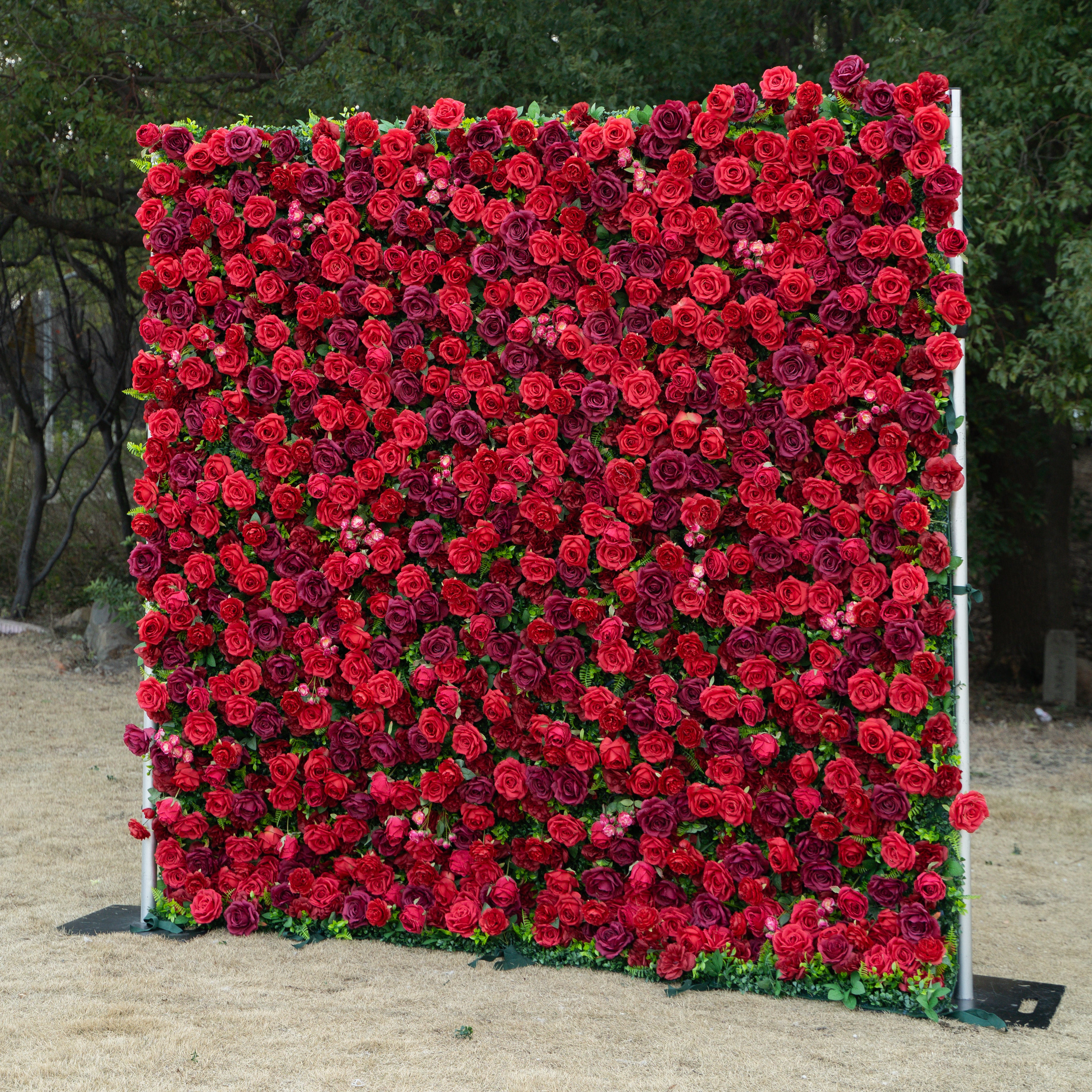 Elysia: 3D Luxury Burgundy Silk Rose Flower Wall Roll-Up Fabric Backdrop for Romantic Weddings & Events
