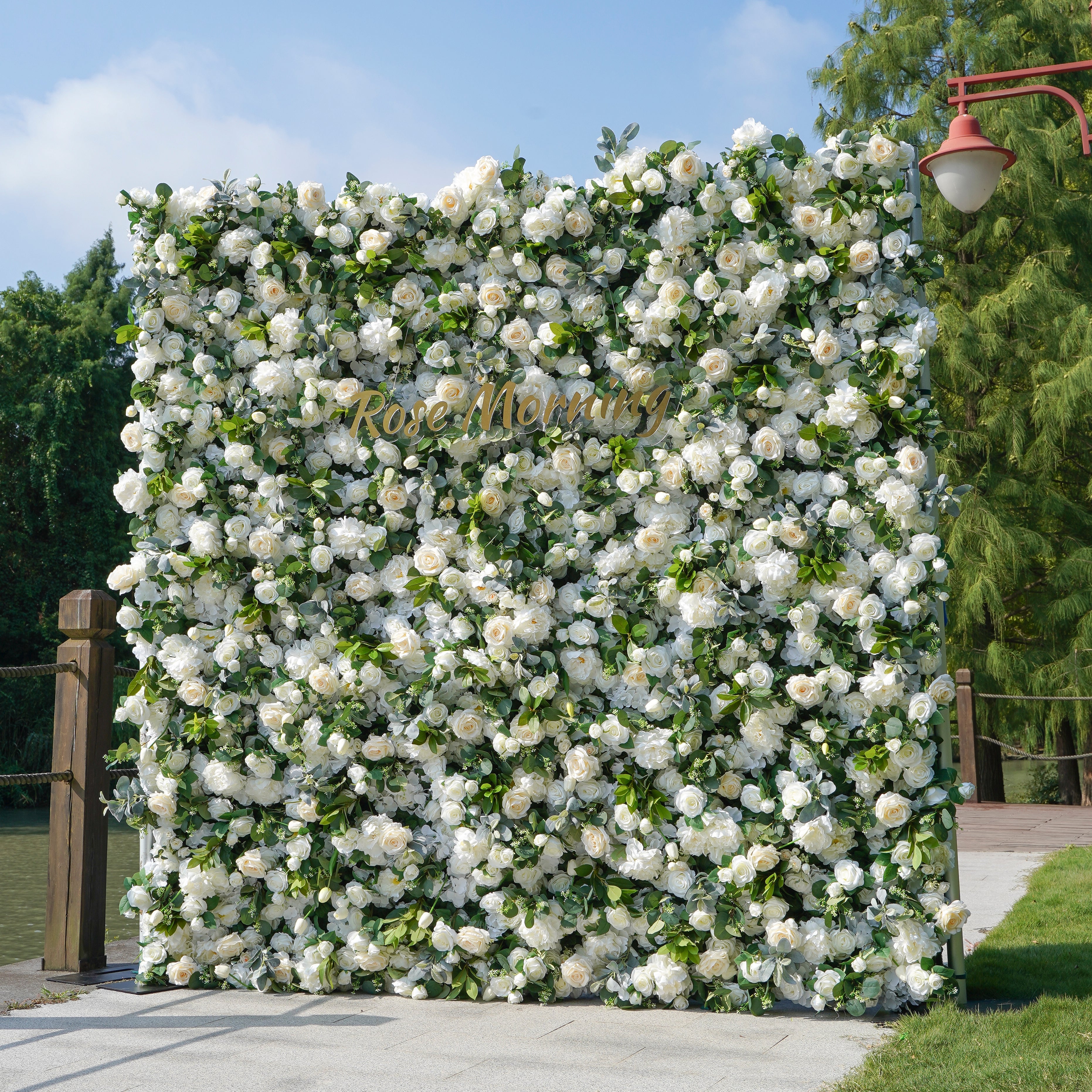 Rose Morning“The flower walls are made of artificial flowers in various colors, layered at different levels to create a lush, elegant and natural look. The exclusive zipper design and roll-up design make it easy to install and remove.”