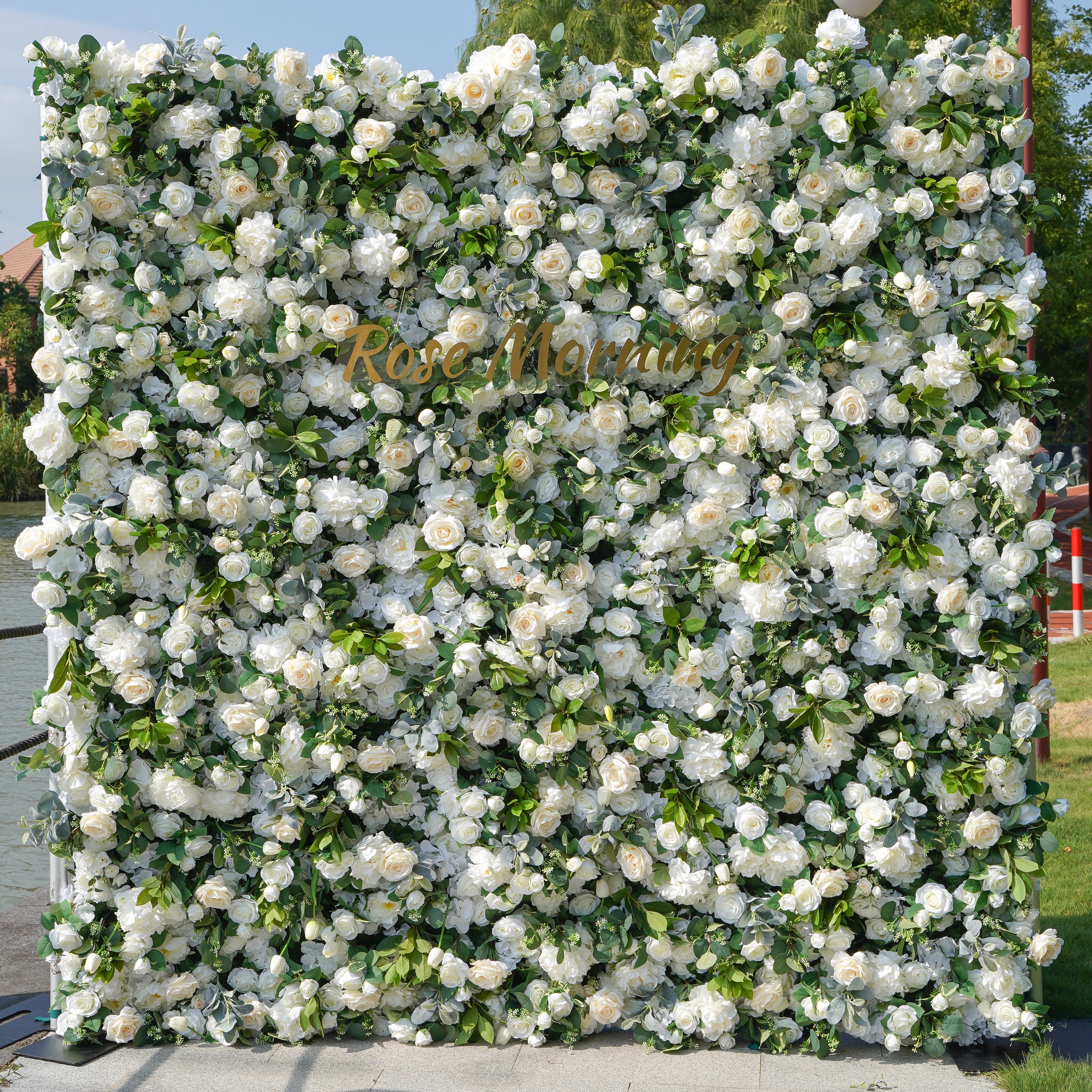 Rose Morning“The flower walls are made of artificial flowers in various colors, layered at different levels to create a lush, elegant and natural look. The exclusive zipper design and roll-up design make it easy to install and remove.”