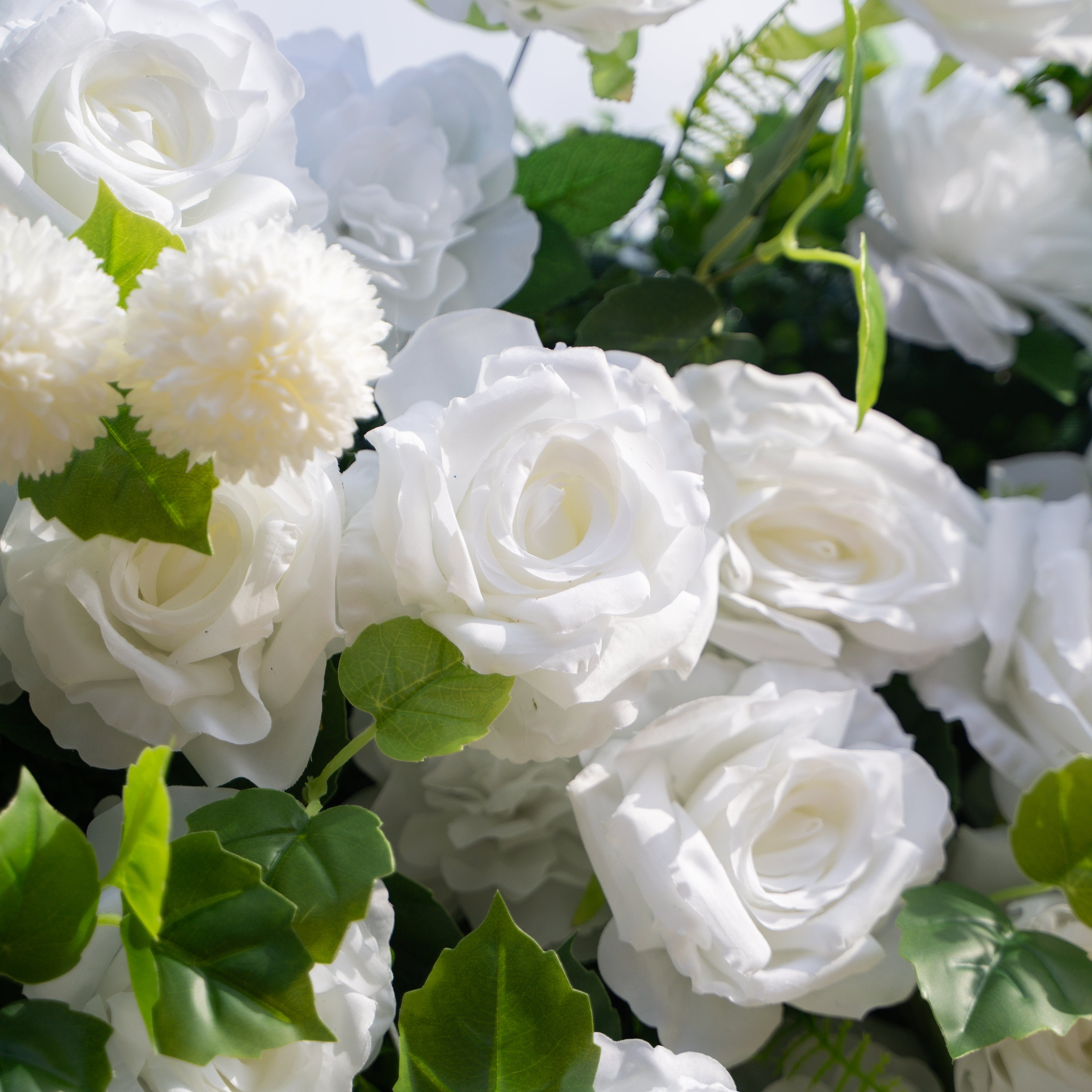 Liora: 3D White Rose & Greenery Roll-Up Curtain Artificial Floral Wall for Garden Wedding & Party Decor