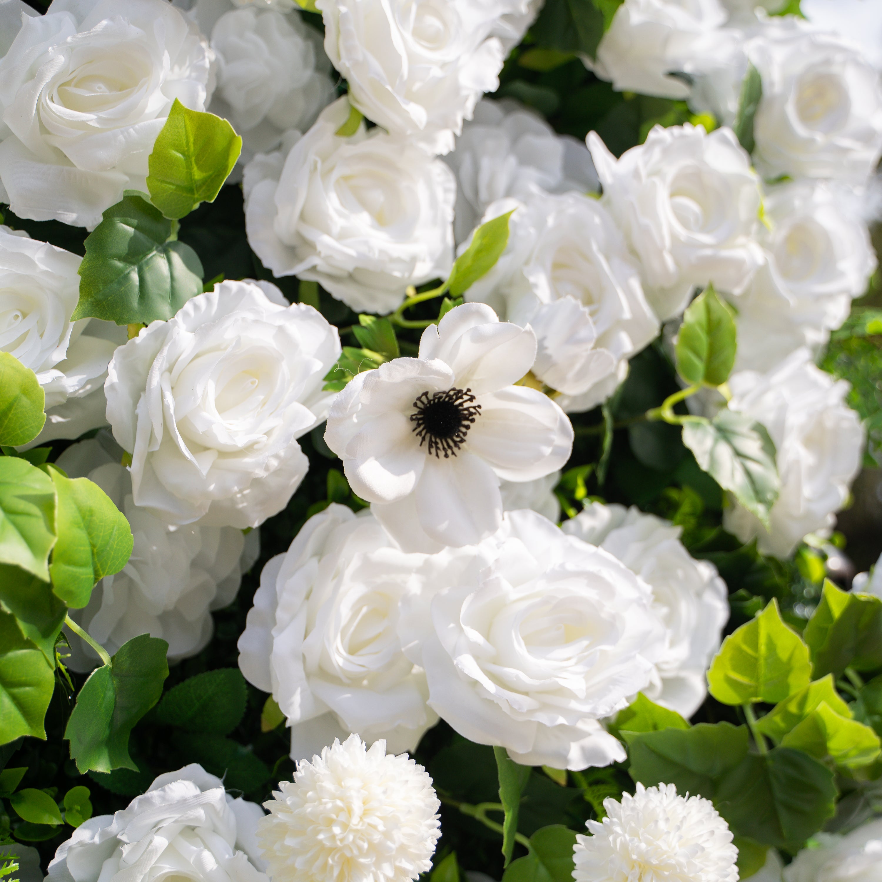 Liora: 3D White Rose & Greenery Roll-Up Curtain Artificial Floral Wall for Garden Wedding & Party Decor