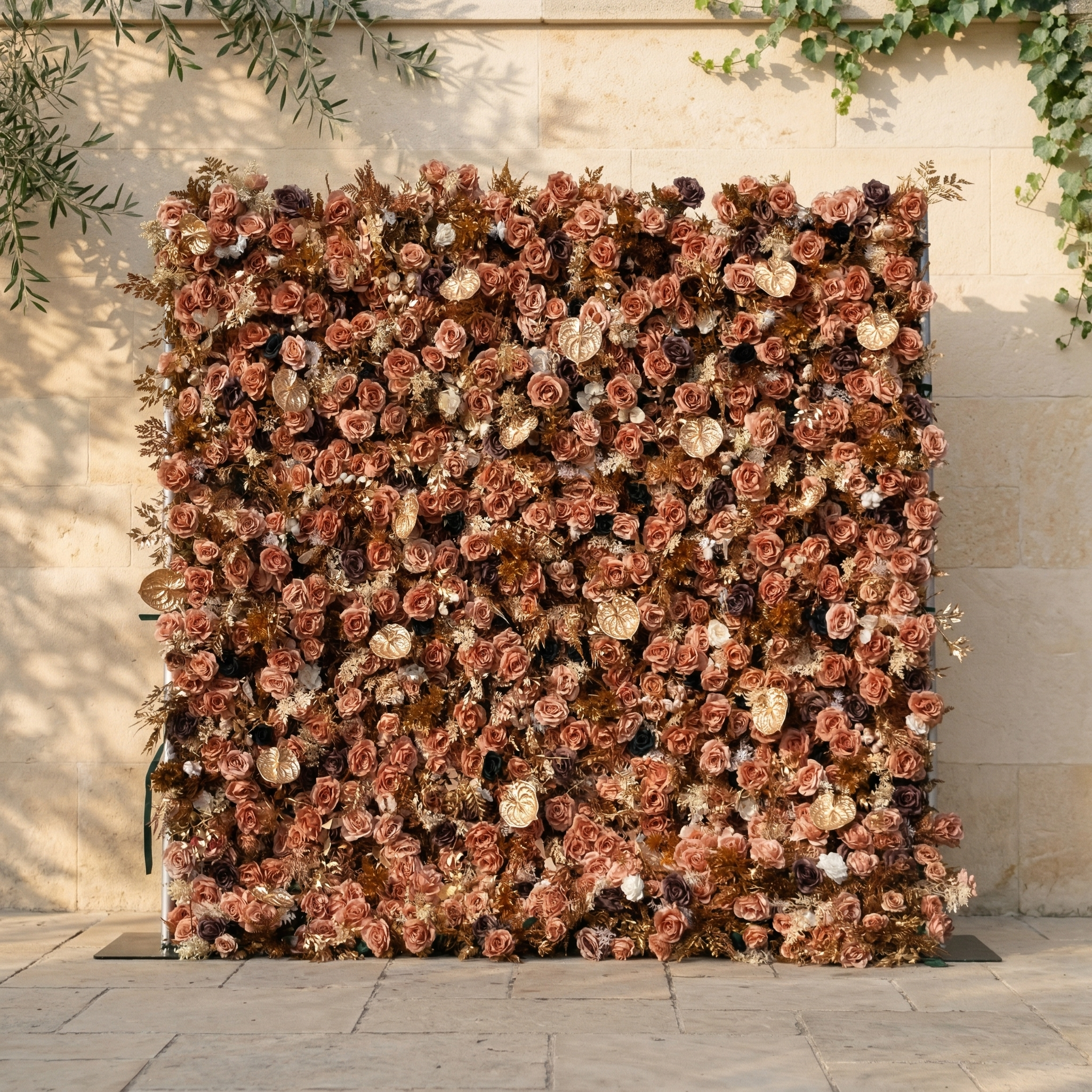Lucien: 5D Vintage Brown Silk Rose Flower Wall Roll-Up Fabric Backdrop with Gold Accents for Autumn Weddings & Events