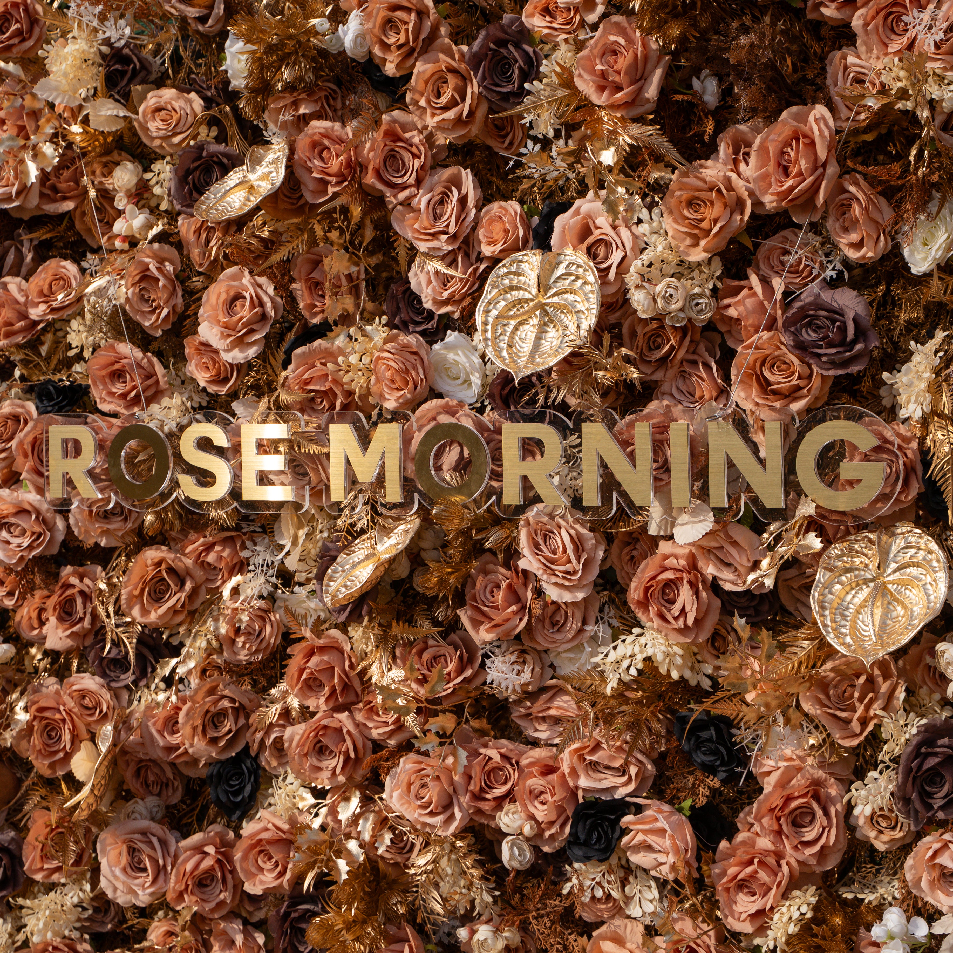 Lucien: 5D Vintage Brown Silk Rose Flower Wall Roll-Up Fabric Backdrop with Gold Accents for Autumn Weddings & Events