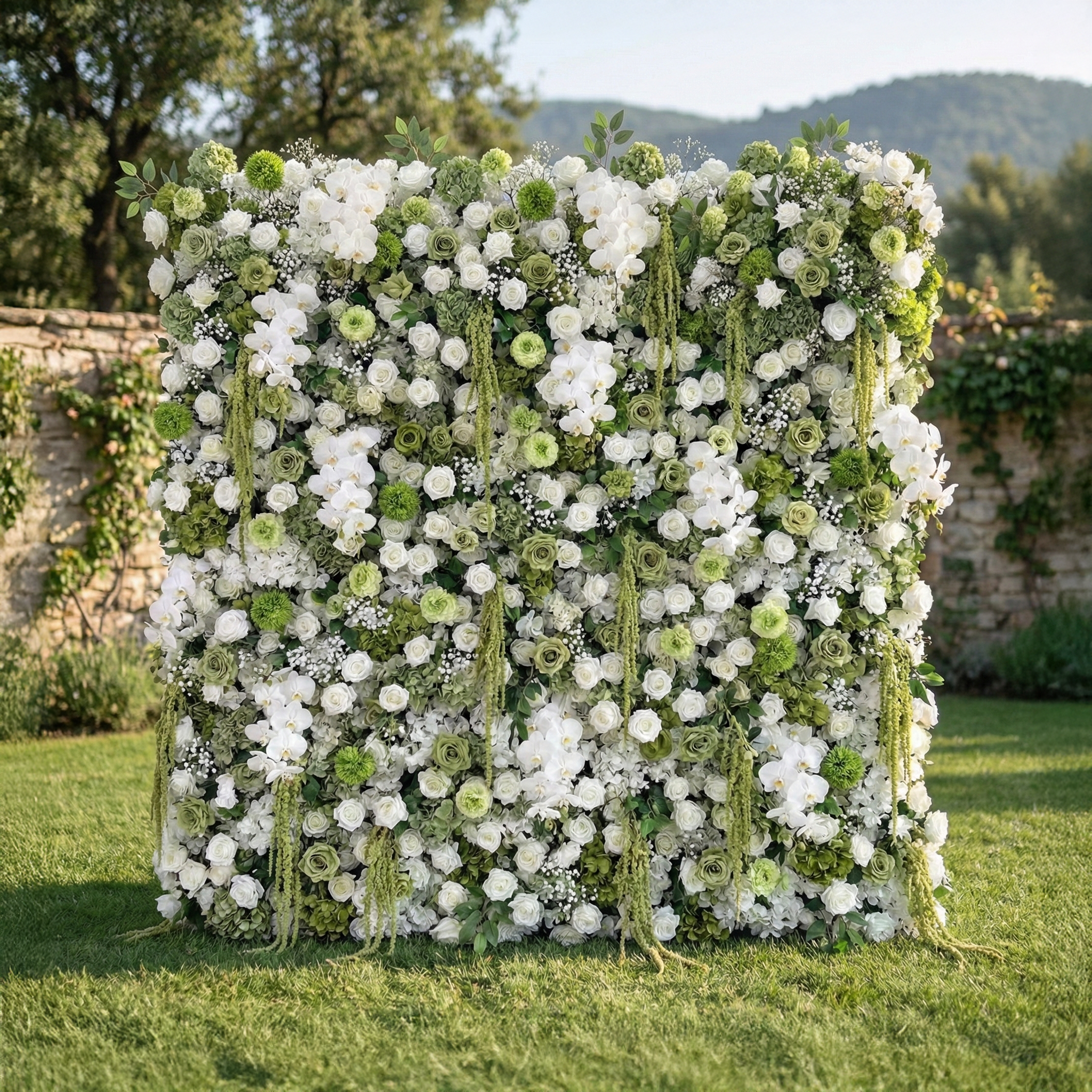 Lumi: 5D Sage Green & Cream Silk Floral Wall with Hanging Vines for Grand Forest Weddings & Garden Parties