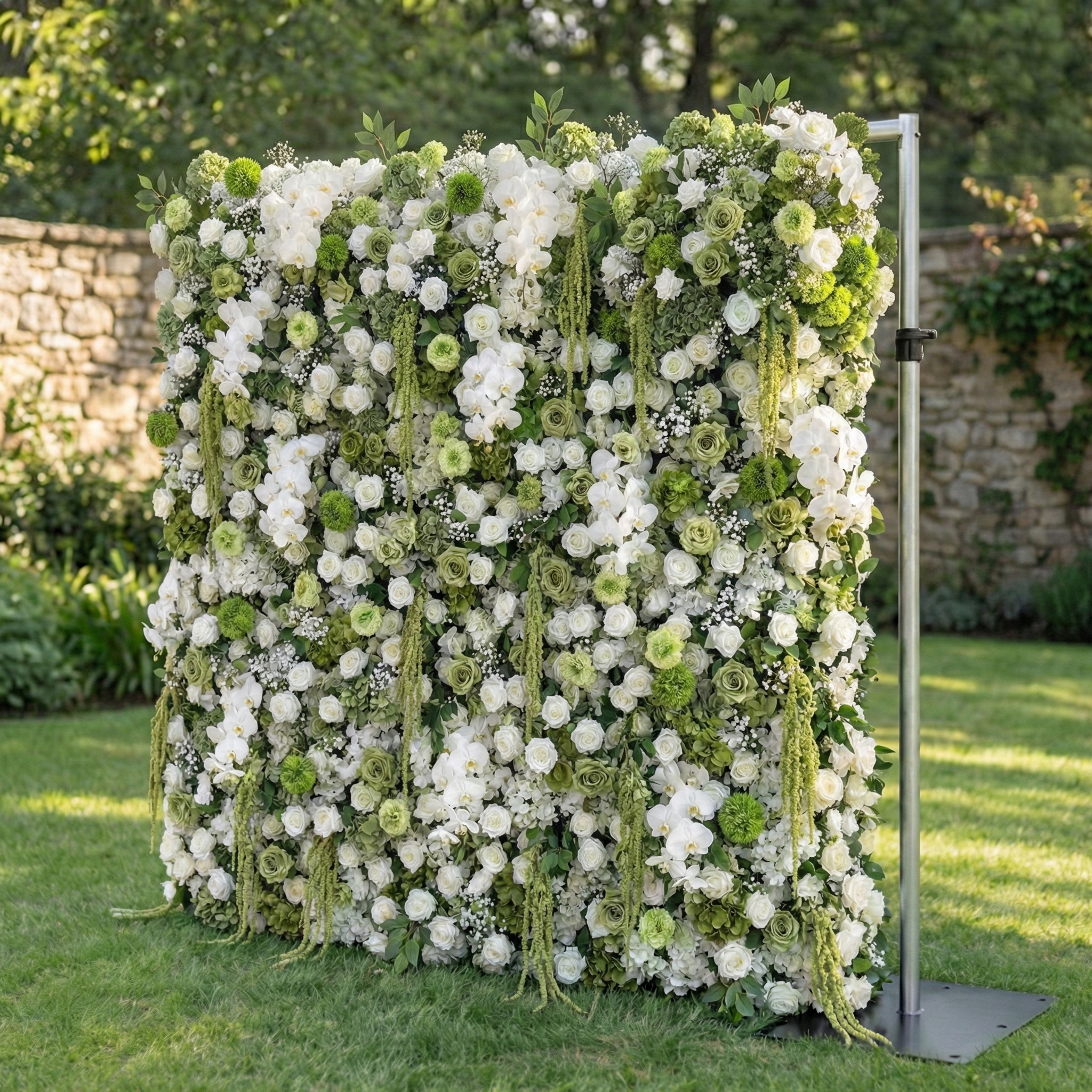 Lumi: 5D Sage Green & Cream Silk Floral Wall with Hanging Vines for Grand Forest Weddings & Garden Parties