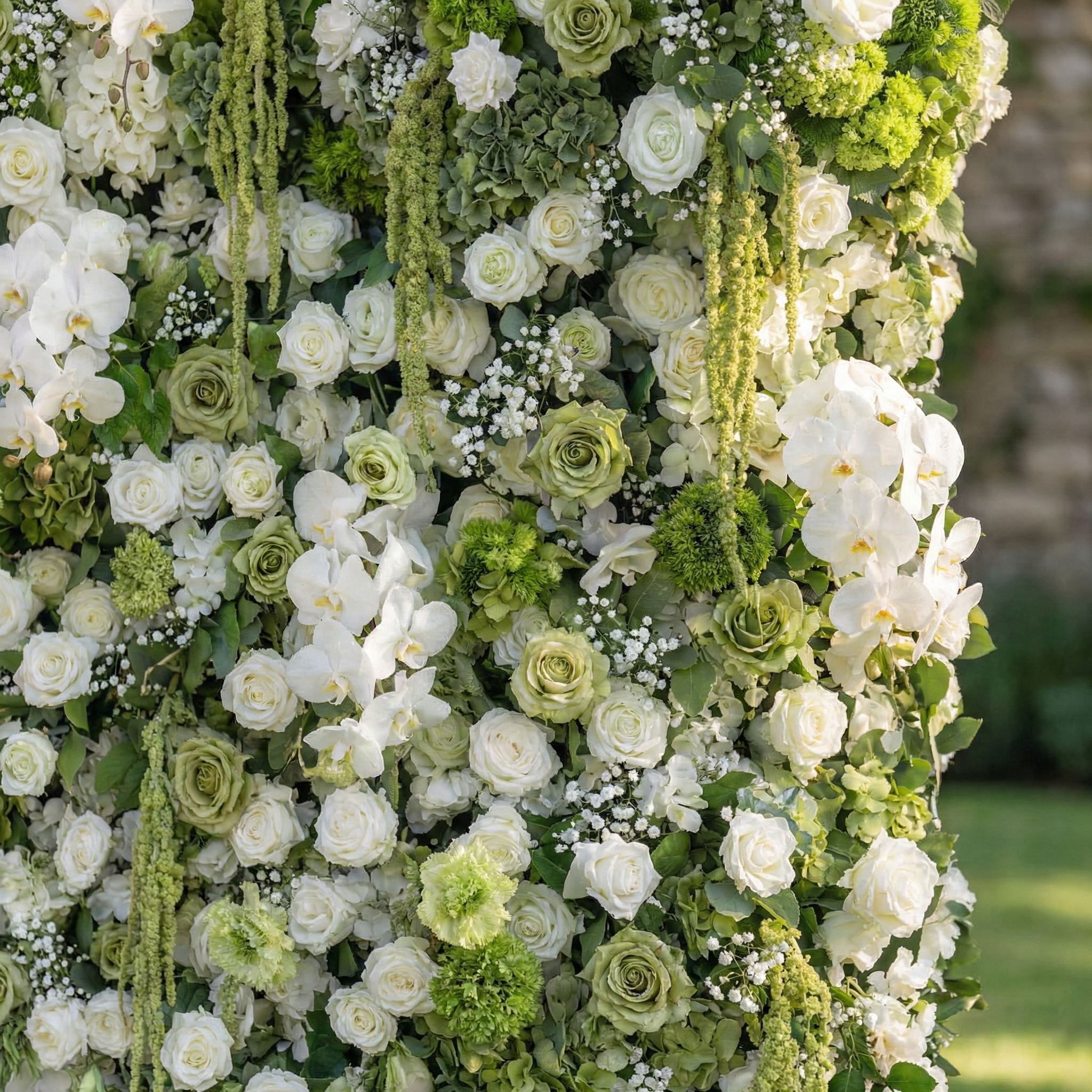 Lumi: 5D Sage Green & Cream Silk Floral Wall with Hanging Vines for Grand Forest Weddings & Garden Parties