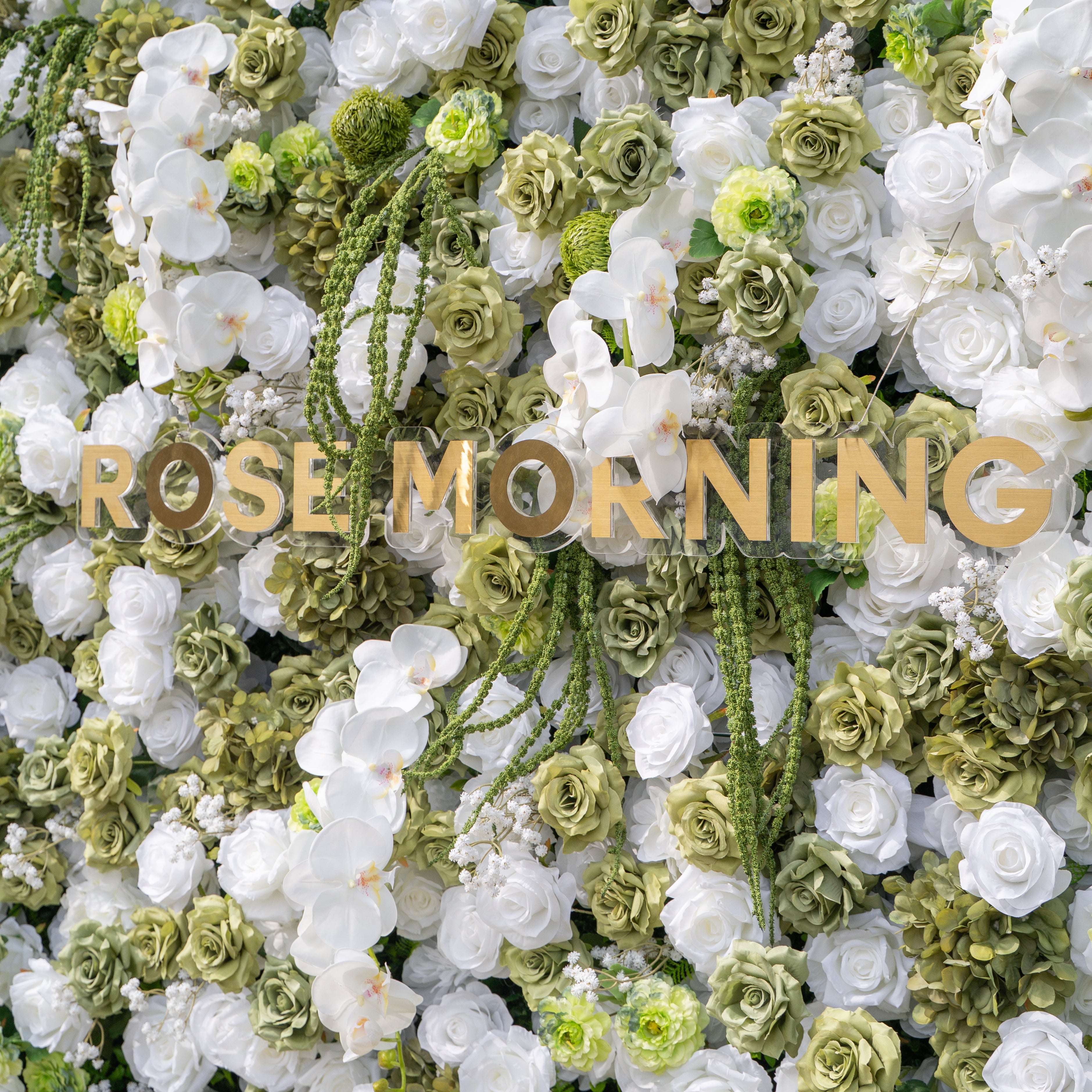 Lumi: 5D Sage Green & Cream Silk Floral Wall with Hanging Vines for Grand Forest Weddings & Garden Parties