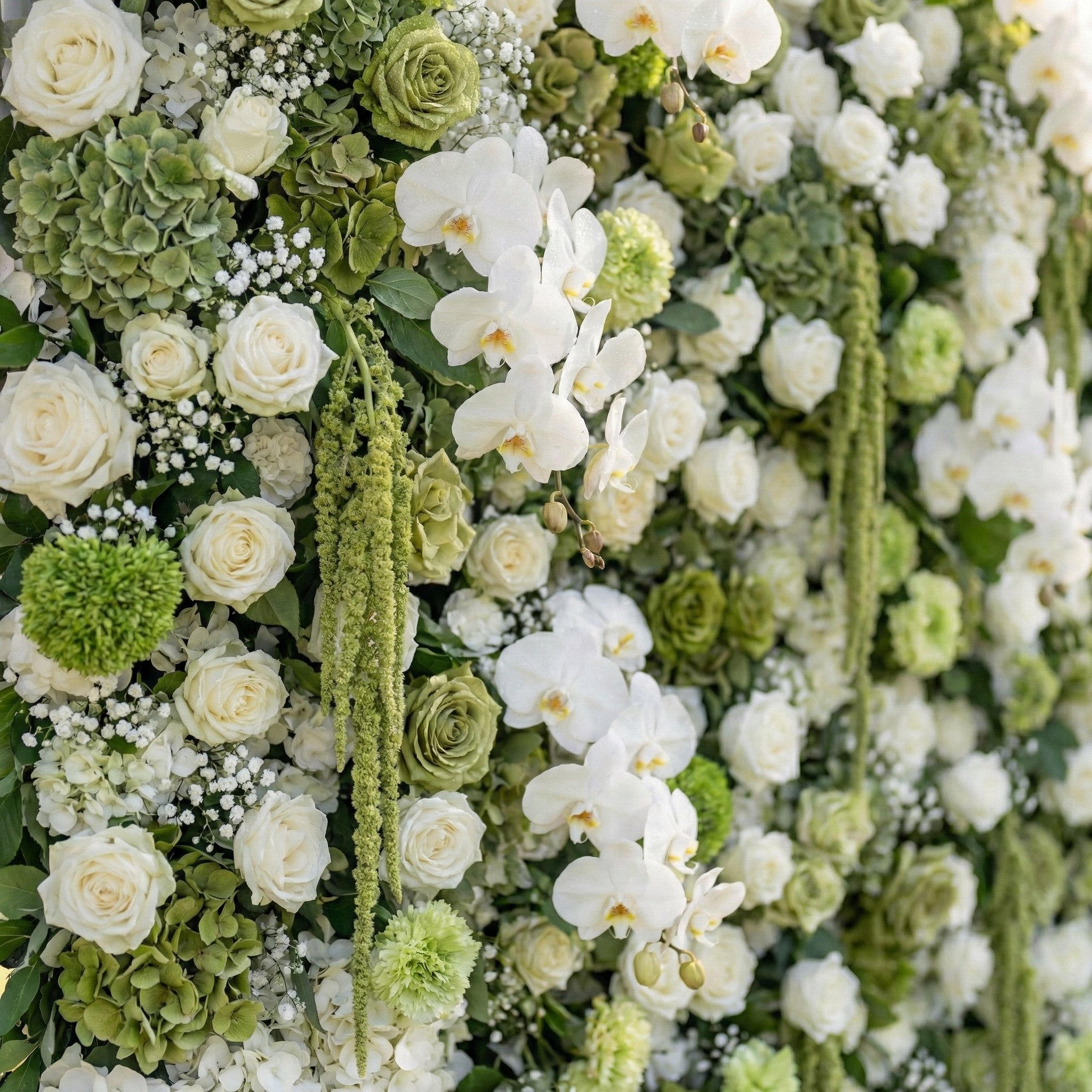 Lumi: 5D Sage Green & Cream Silk Floral Wall with Hanging Vines for Grand Forest Weddings & Garden Parties