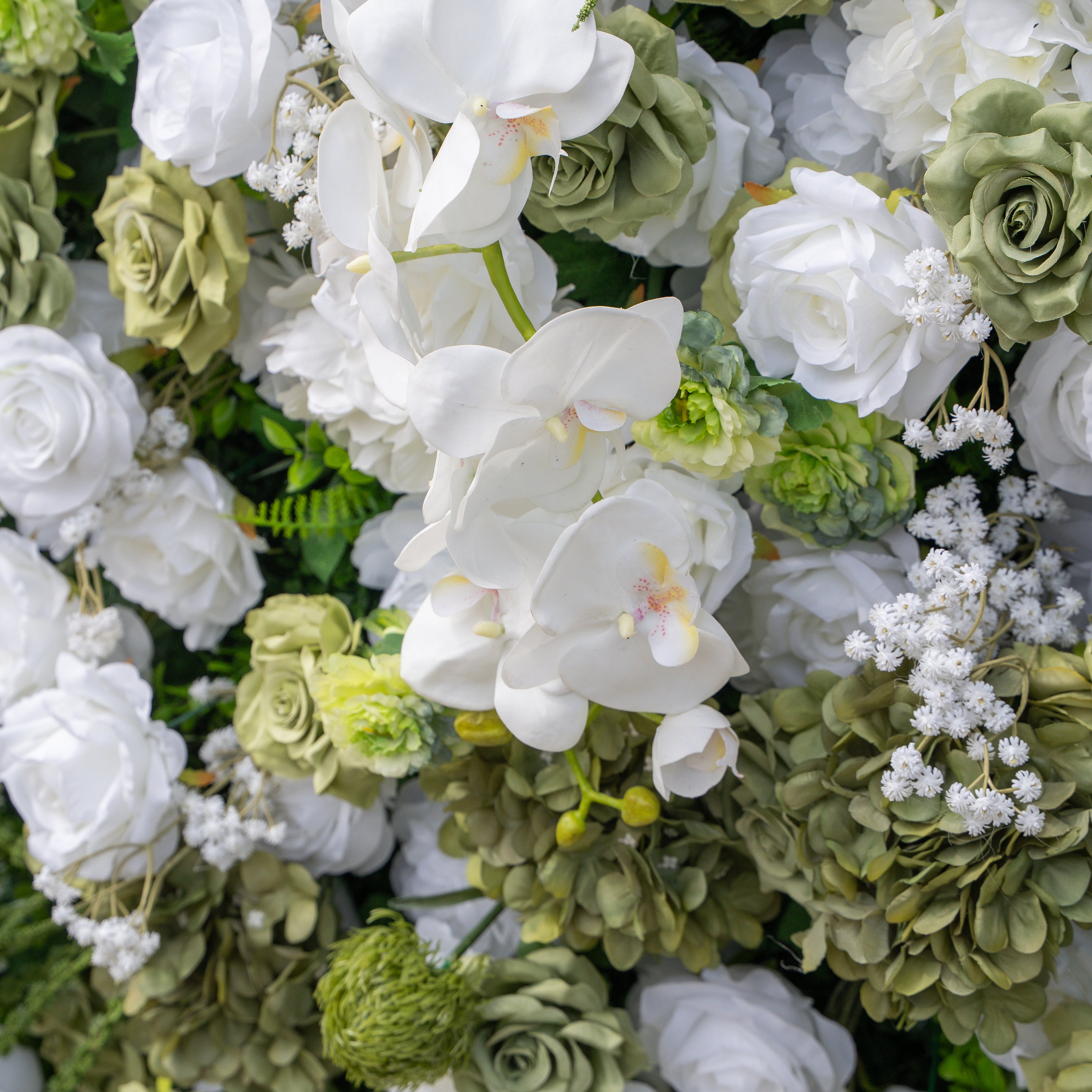 Lumi: 5D Sage Green & Cream Silk Floral Wall with Hanging Vines for Grand Forest Weddings & Garden Parties