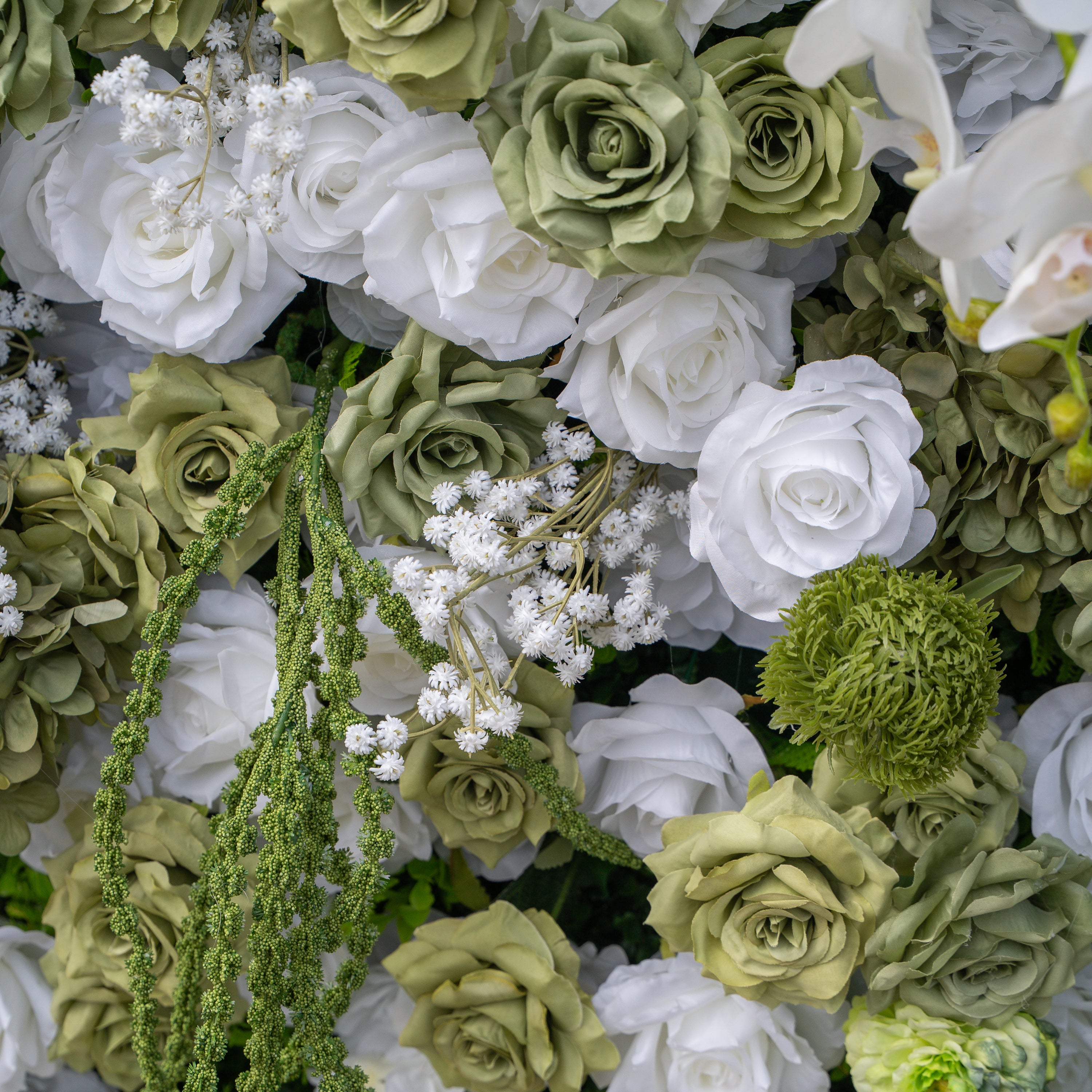 Lumi: 5D Sage Green & Cream Silk Floral Wall with Hanging Vines for Grand Forest Weddings & Garden Parties