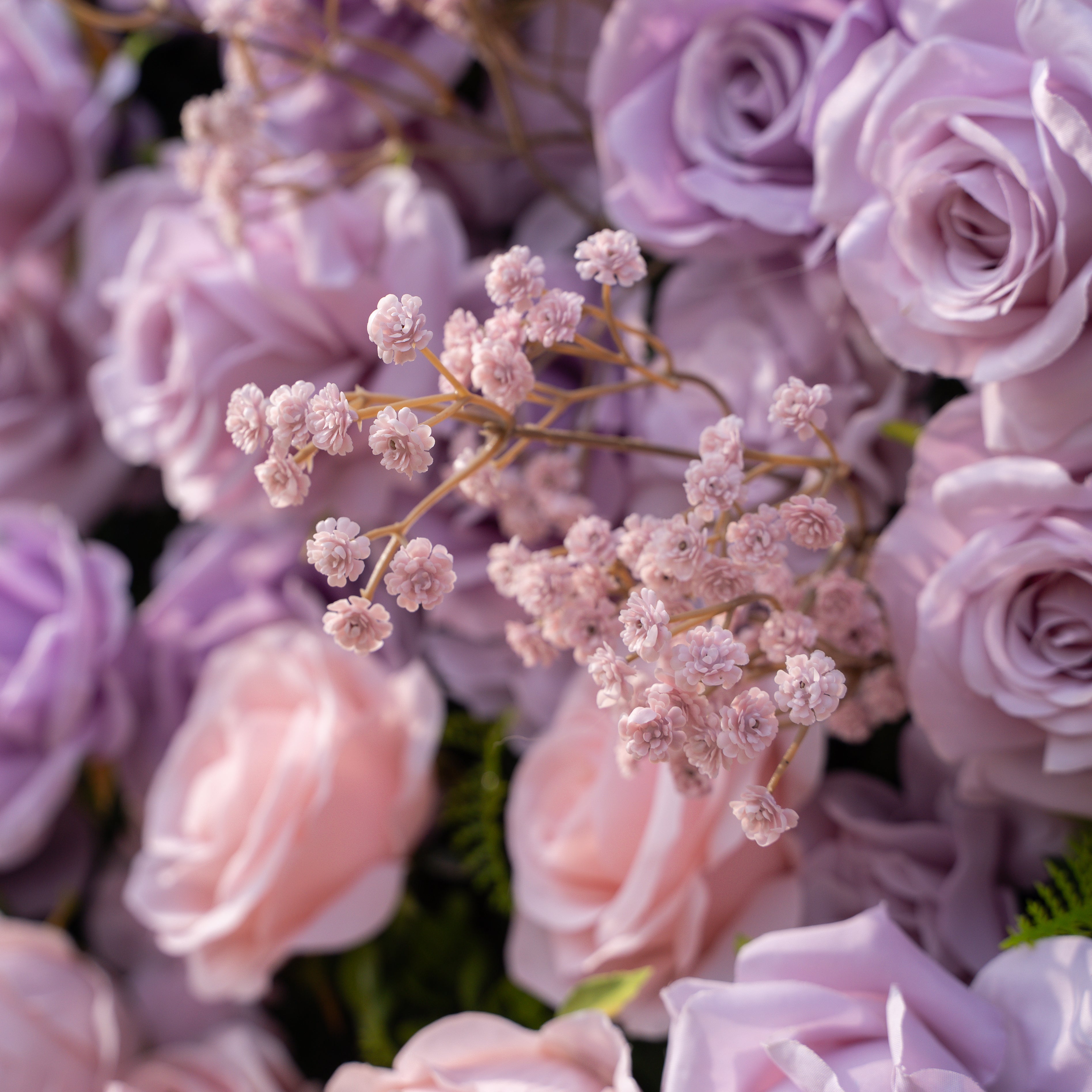 Maris: Luxury 3D Lavender & Blush Silk Rose Floral Wall Roll-Up Fabric Backdrop for Romantic Weddings & Bridal Showers