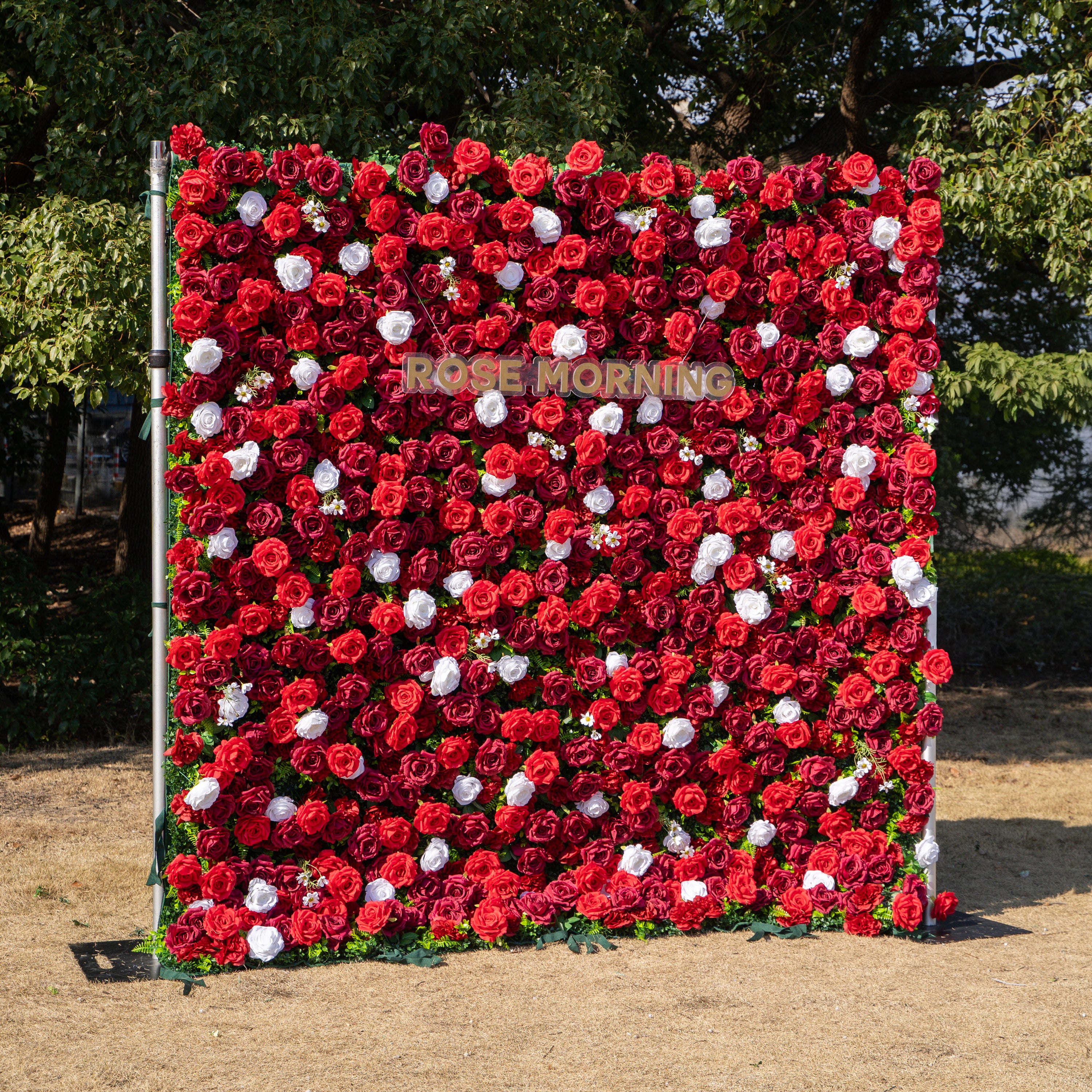 Meraki: 3D Luxury Crimson Red & White Silk Floral Wall Roll-Up Fabric Backdrop for Grand Weddings & Valentine’s Events