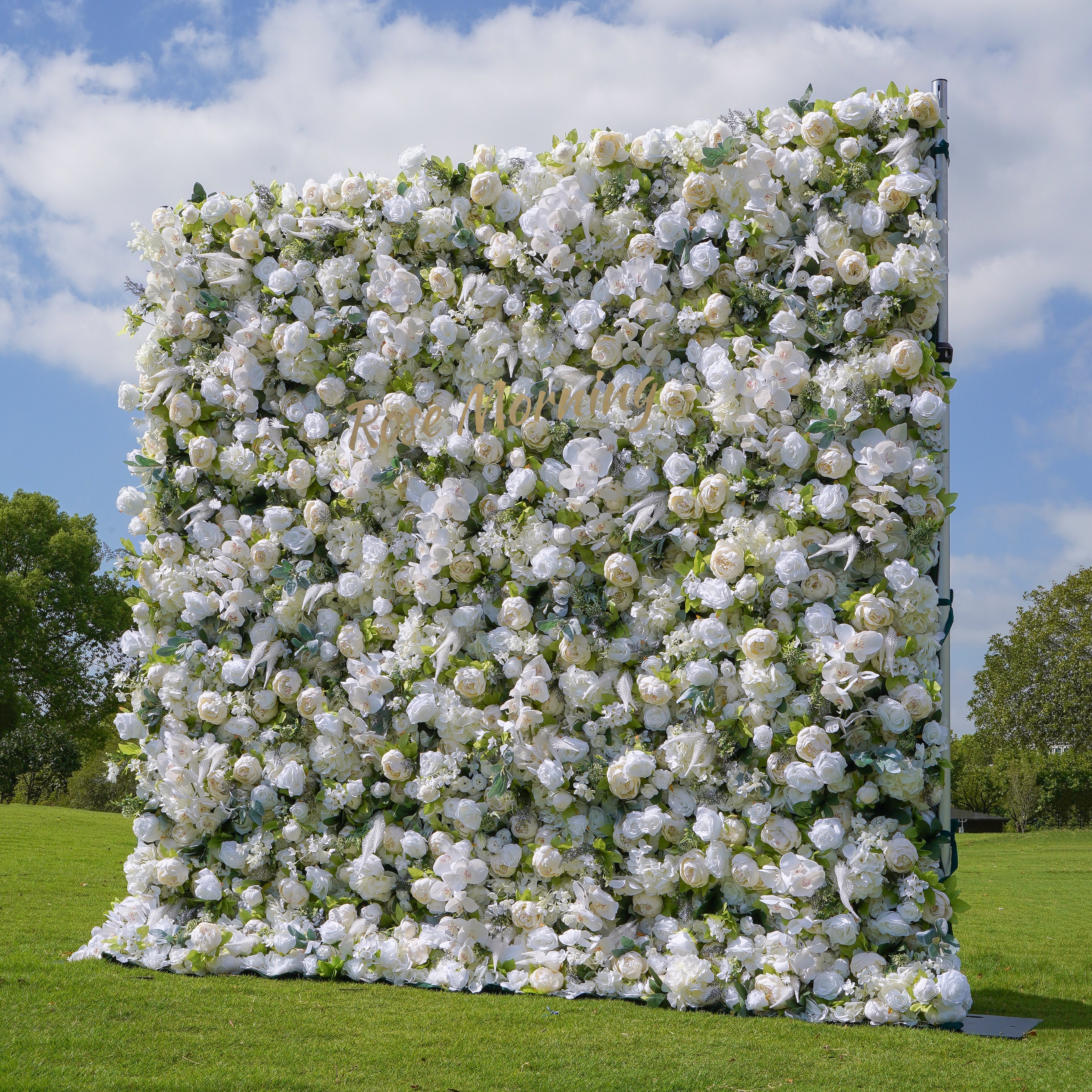 Rose Morning“The flower walls are made of artificial flowers in various colors, layered at different levels to create a lush, elegant and natural look. The exclusive zipper design and roll-up design make it easy to install and remove.”