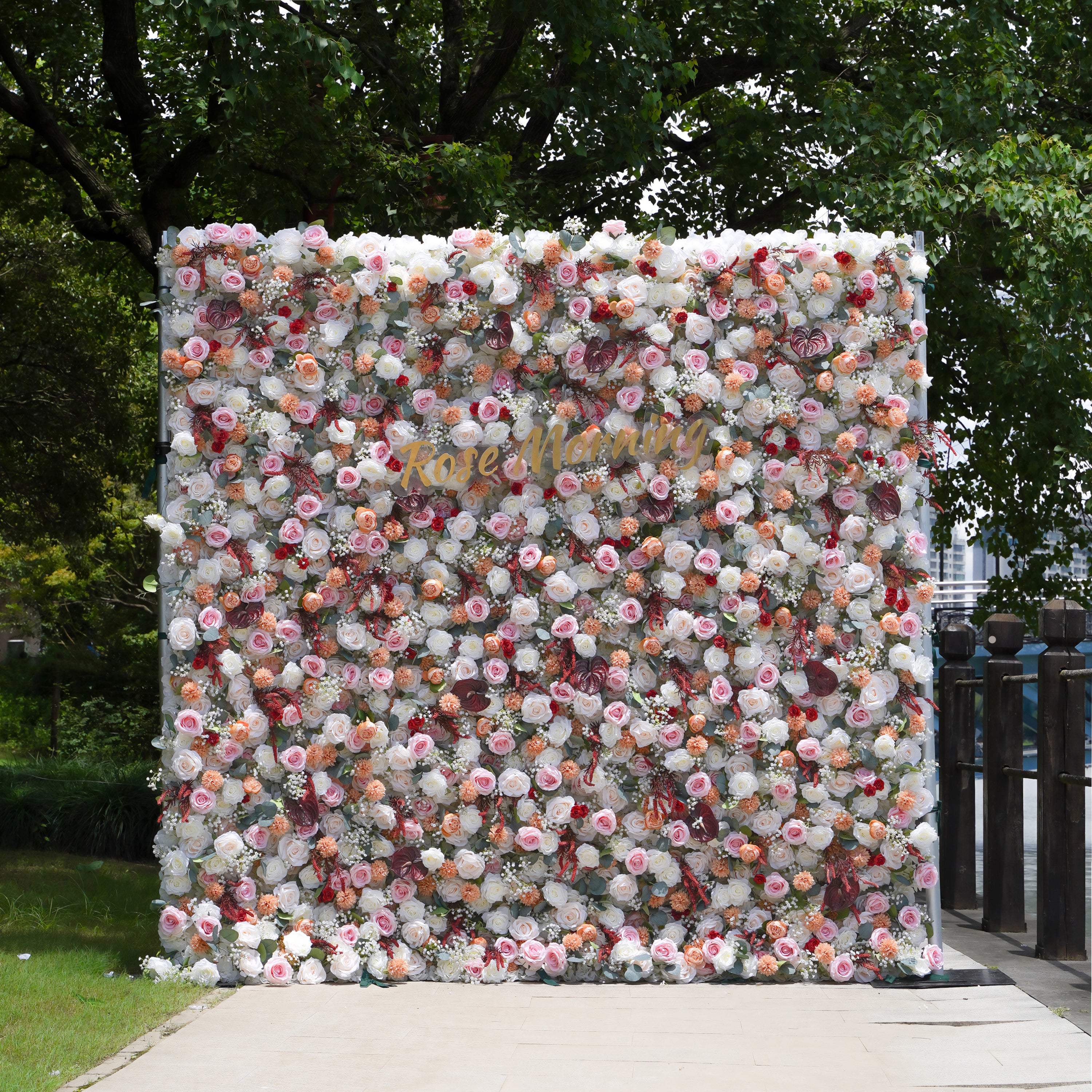 Olive: 5D Fabric Artificial Flower Wall Rolling Up Curtain Flower Wall R016 - 8ft*8ft Rose Morning