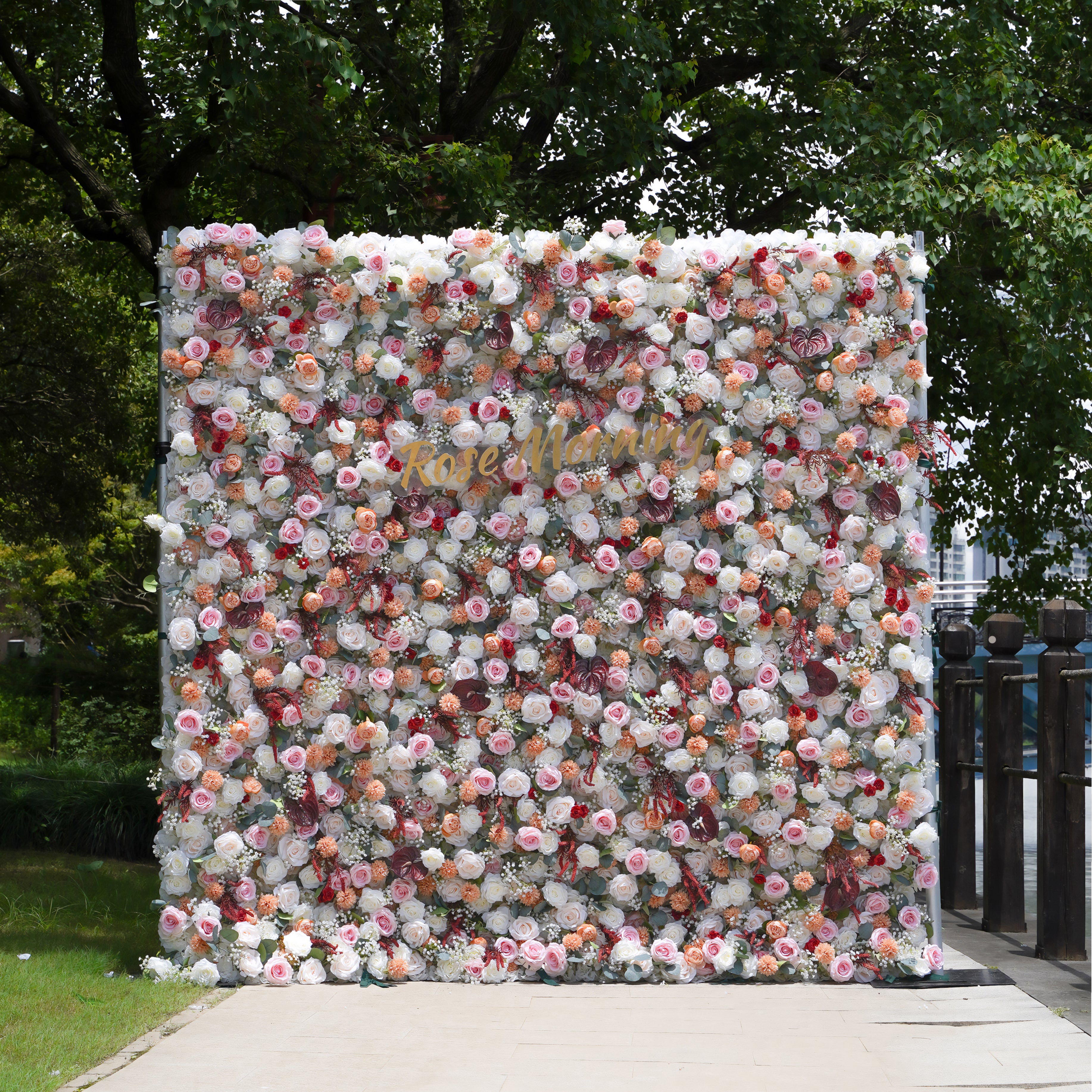 Olive: 5D Fabric Artificial Flower Wall Rolling Up Curtain Flower Wall R016 - 8ft*8ft Rose Morning