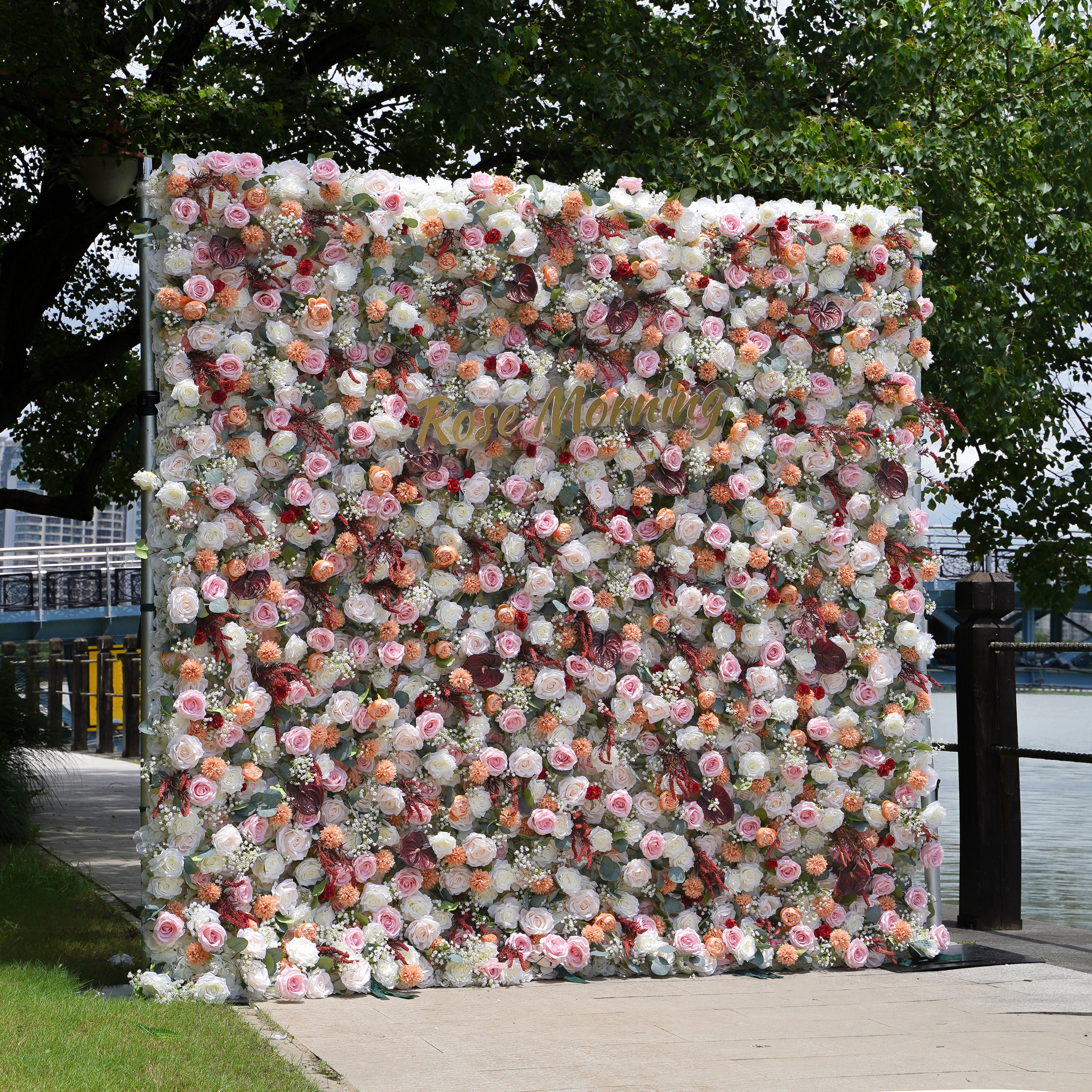 Olive: 5D Fabric Artificial Flower Wall Rolling Up Curtain Flower Wall R016 - 8ft*8ft Rose Morning