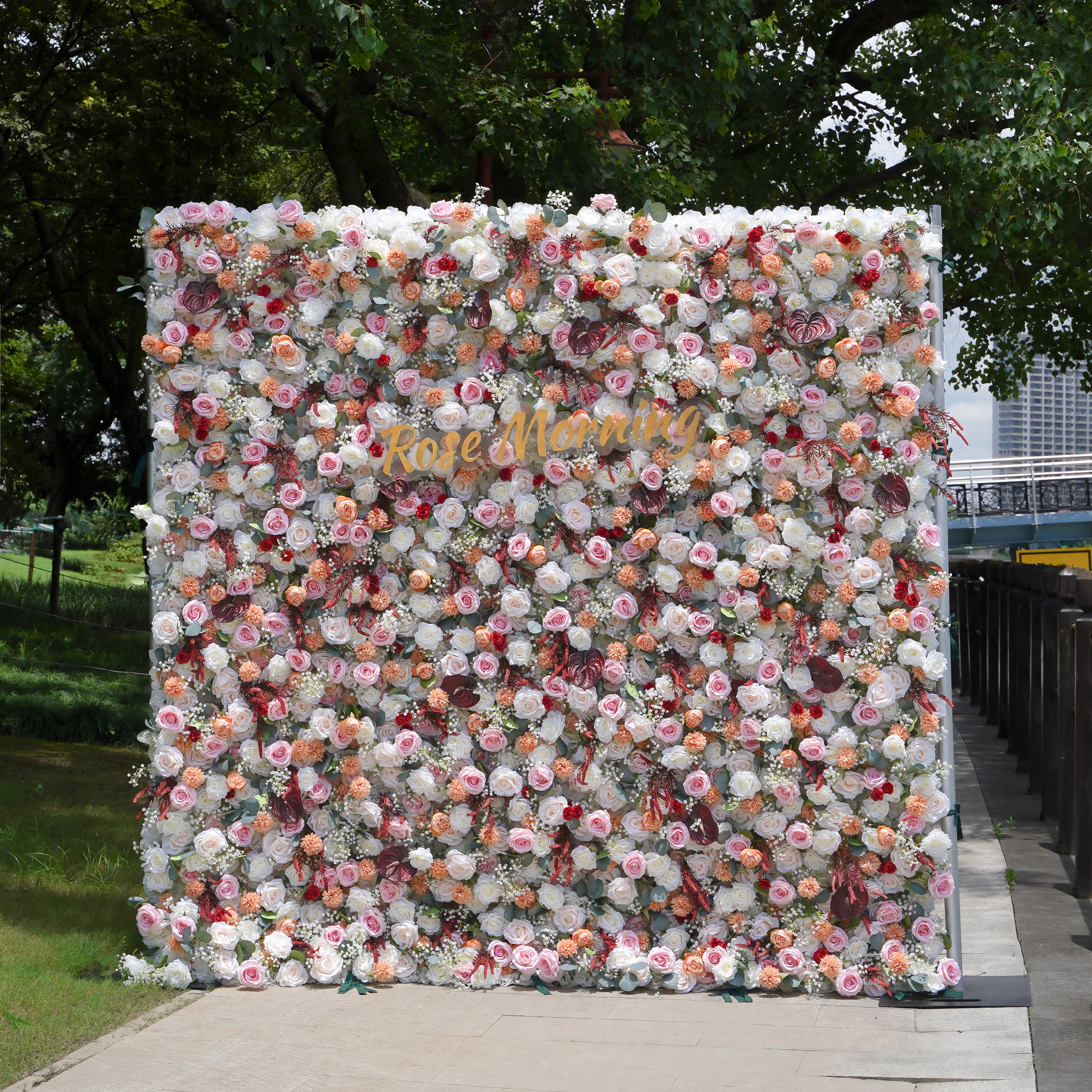 Olive: 5D Fabric Artificial Flower Wall Rolling Up Curtain Flower Wall R016 - 8ft*8ft Rose Morning