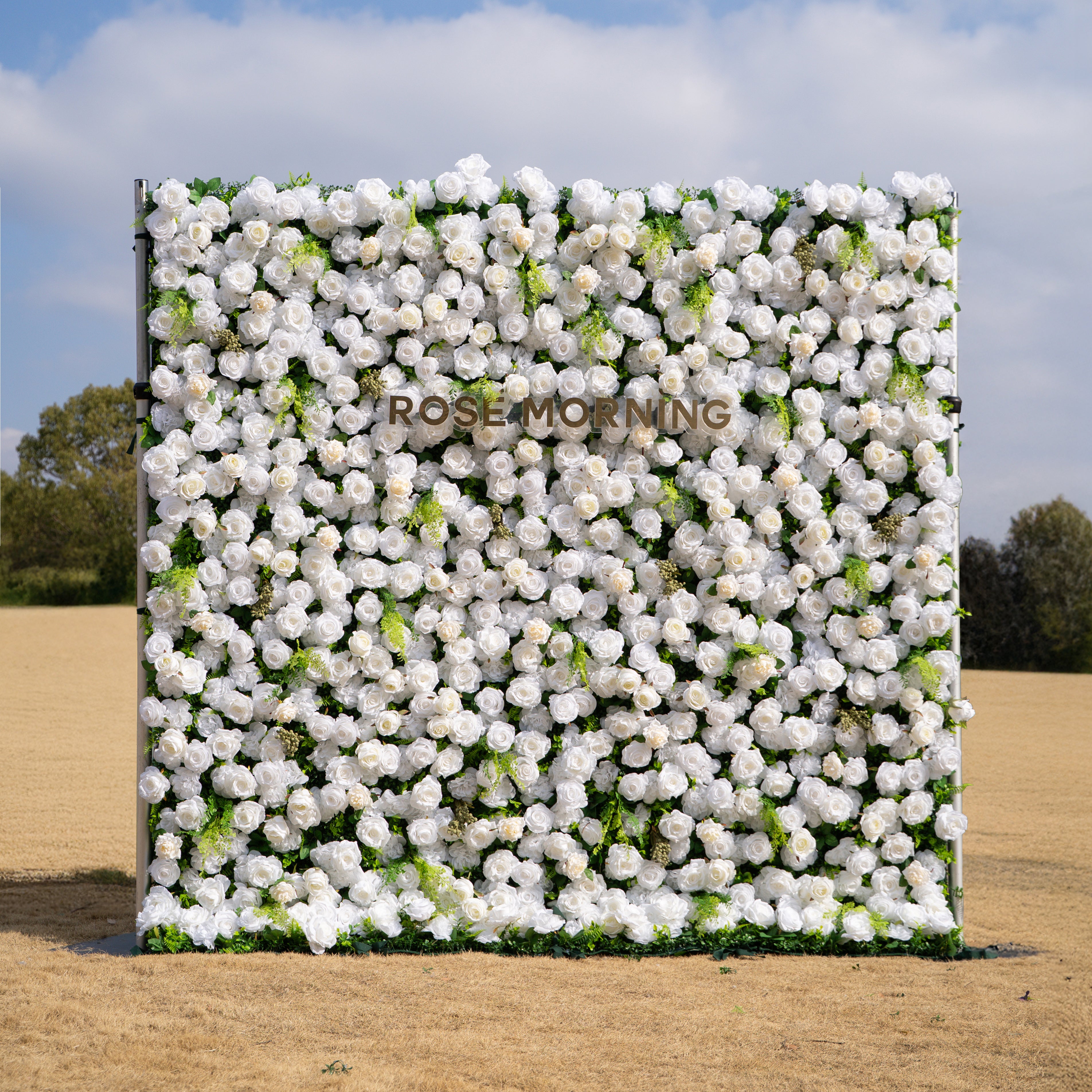 Oriana: 3D White Rose Flower Wall Backdrop Roll Up Fabric Curtain for Wedding Decor