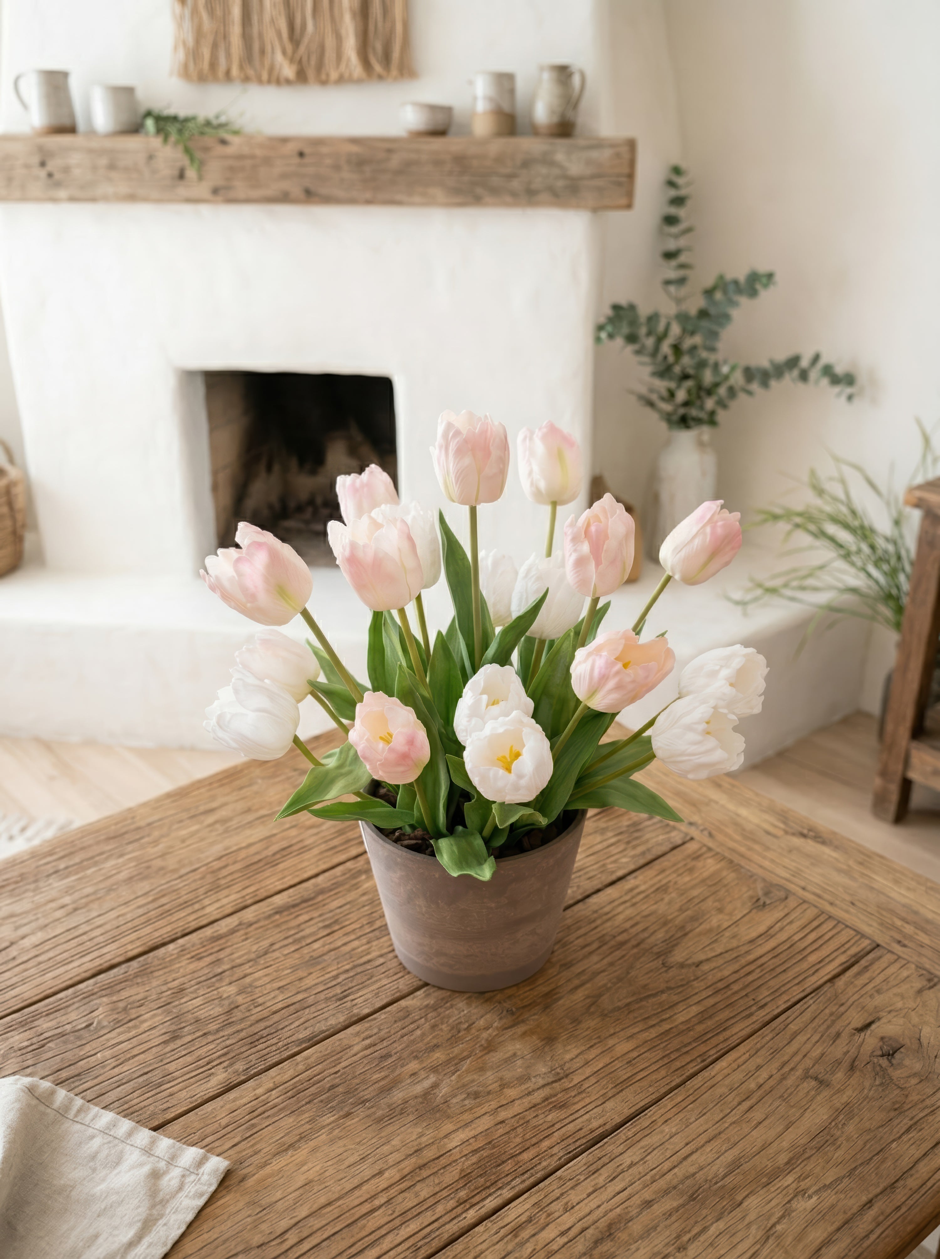 21.6" Artificial Blush Mixed Tulips - Potted Floral for Modern Home & Garden Decor