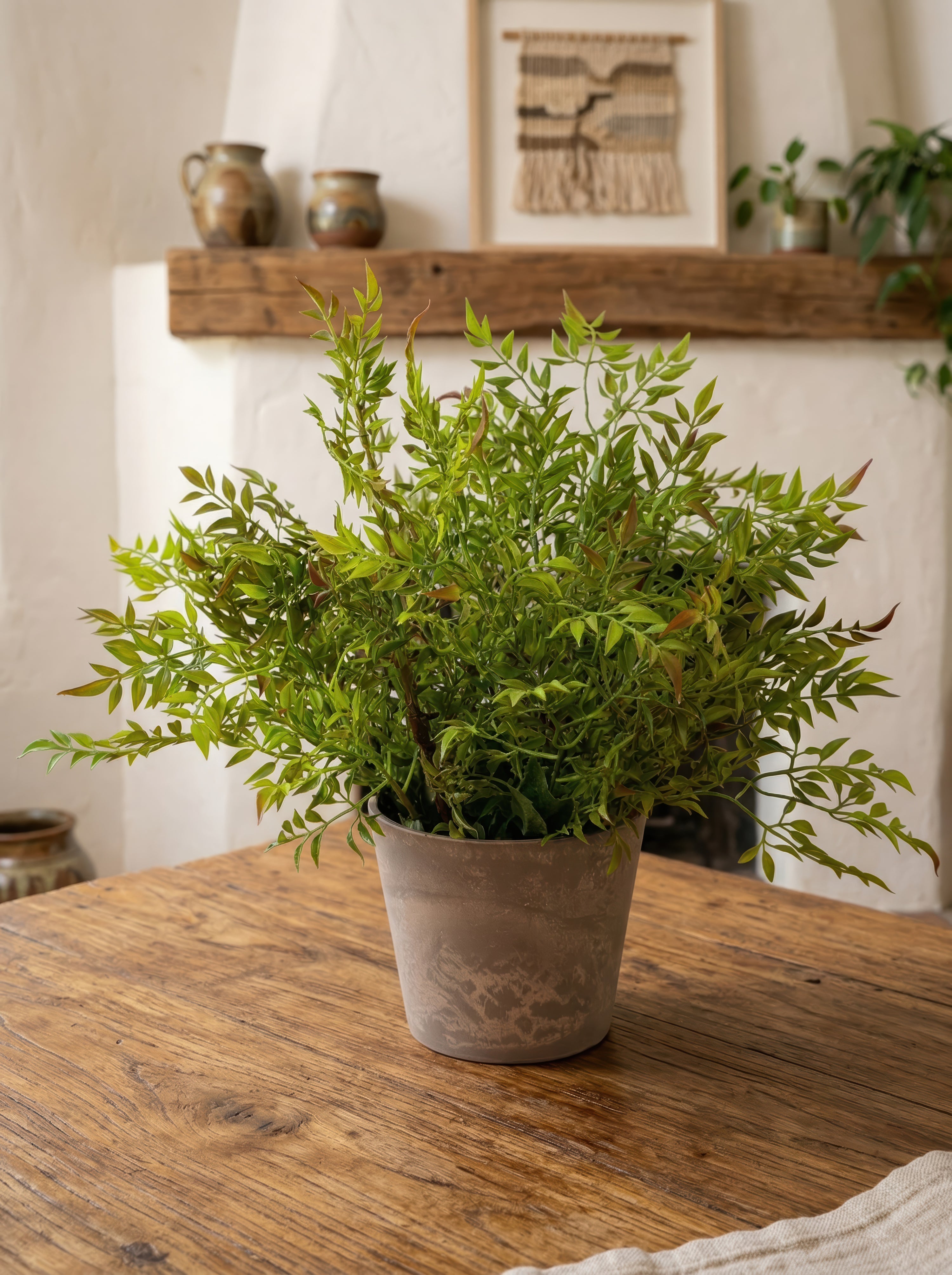 21.6" Artificial Red-Tipped Nandina - Potted Greenery for Rustic Home Decor