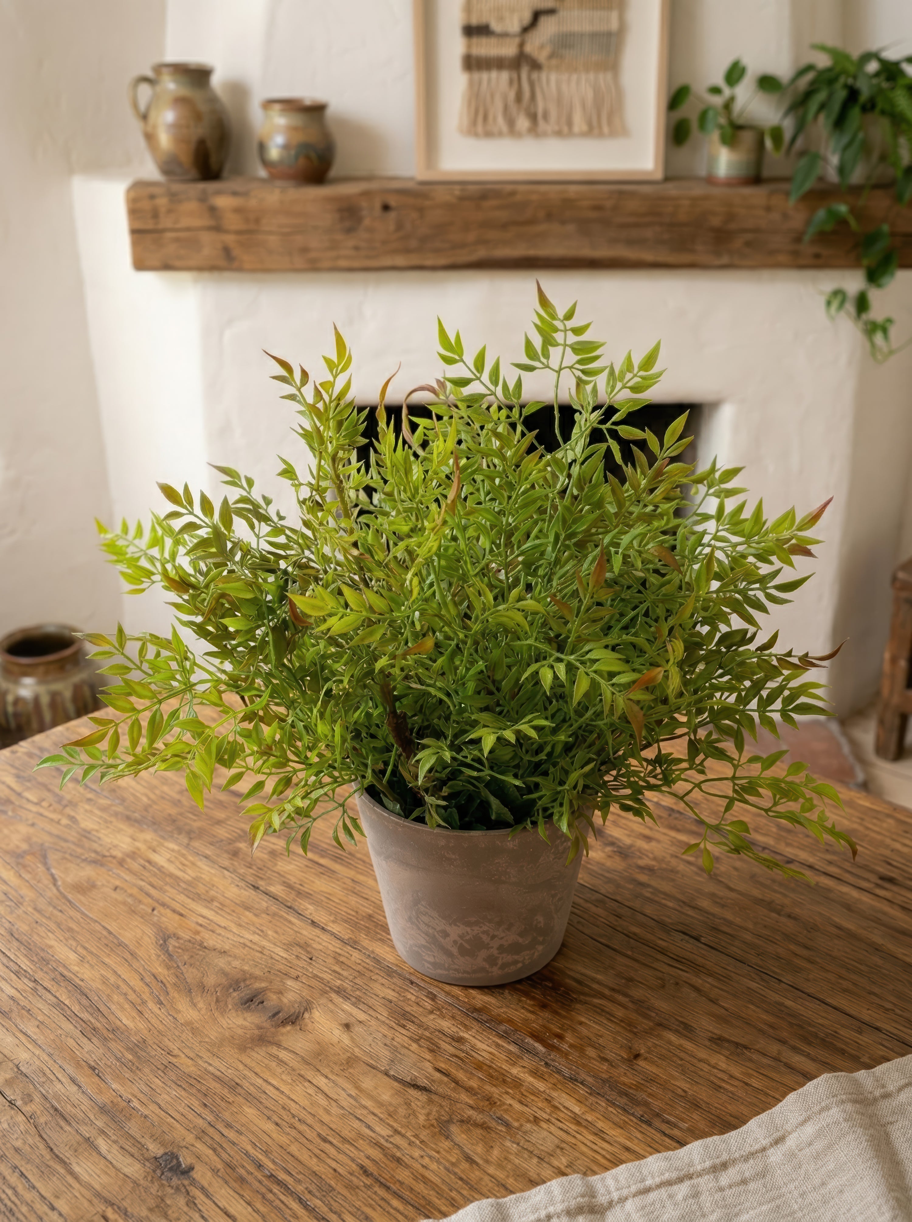 21.6" Artificial Red-Tipped Nandina - Potted Greenery for Rustic Home Decor