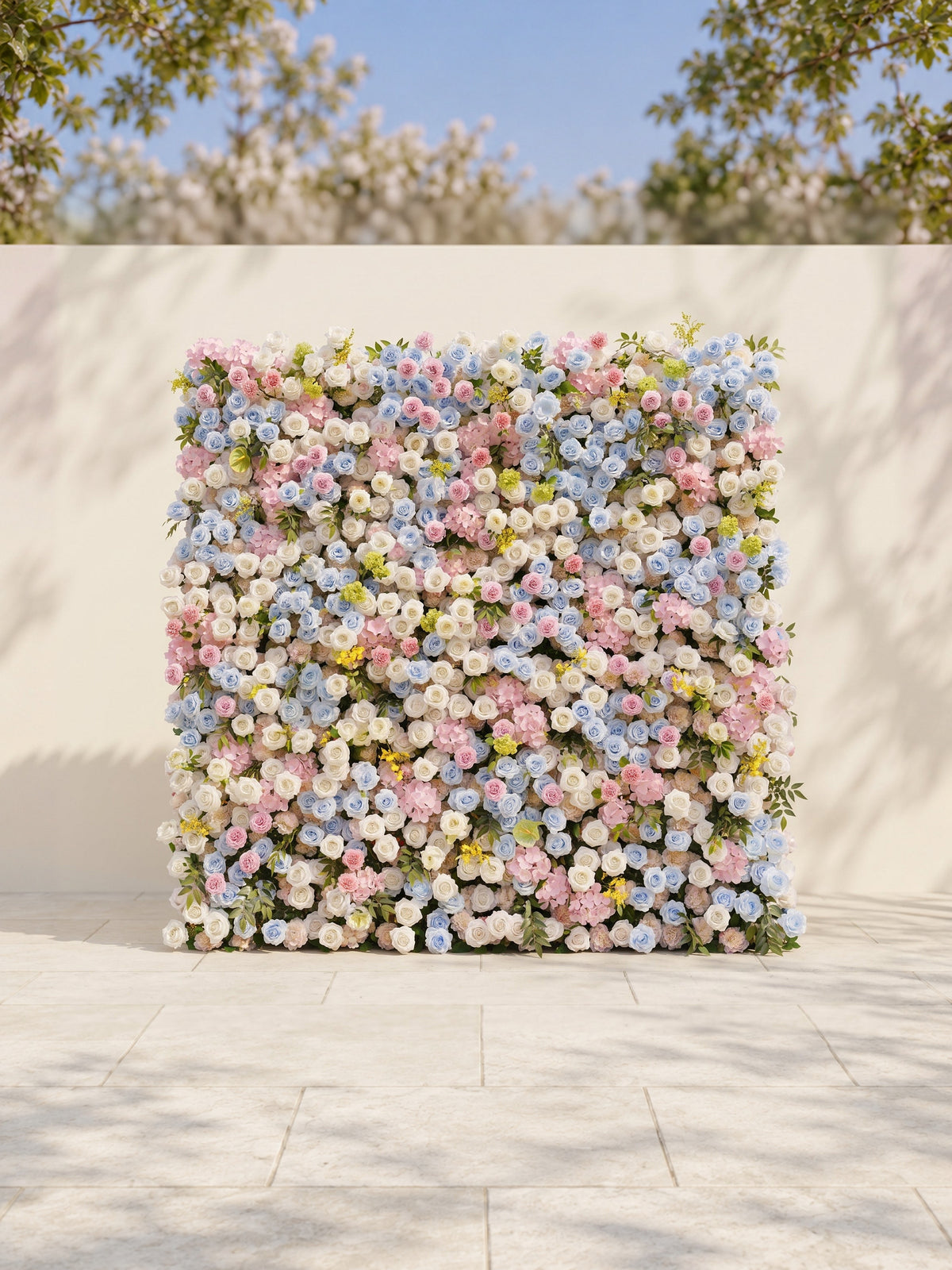 Calora:5D Dusty Blue, Blush Pink & Ivory White Silk Rose Flower Wall Roll-Up Fabric Backdrop for Romantic Weddings & Proposals