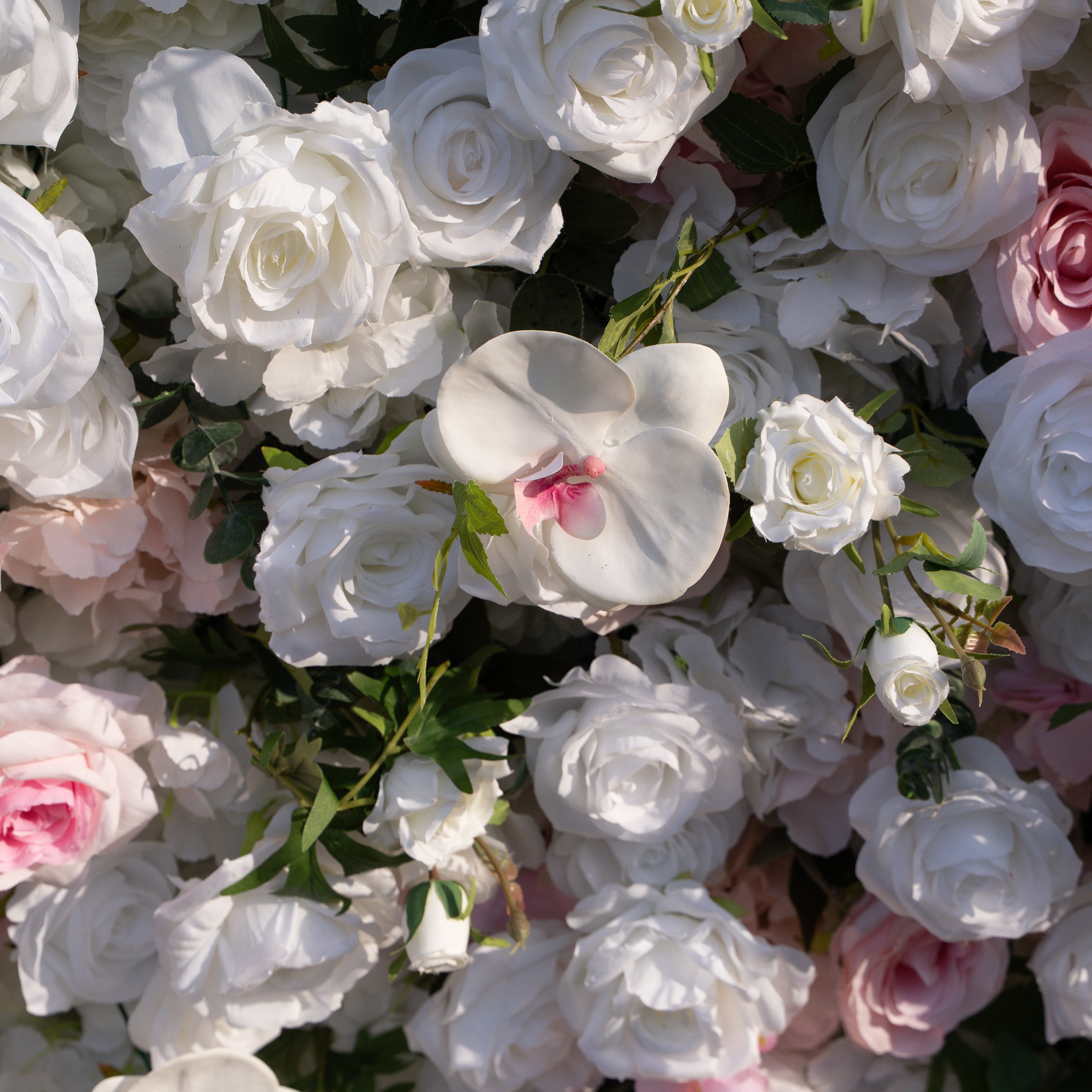 Rowan: 5D White Silk Rose and orchid with pink roses Flower Wall Roll-Up Fabric Backdrop for Elegant Weddings & Events Decoration