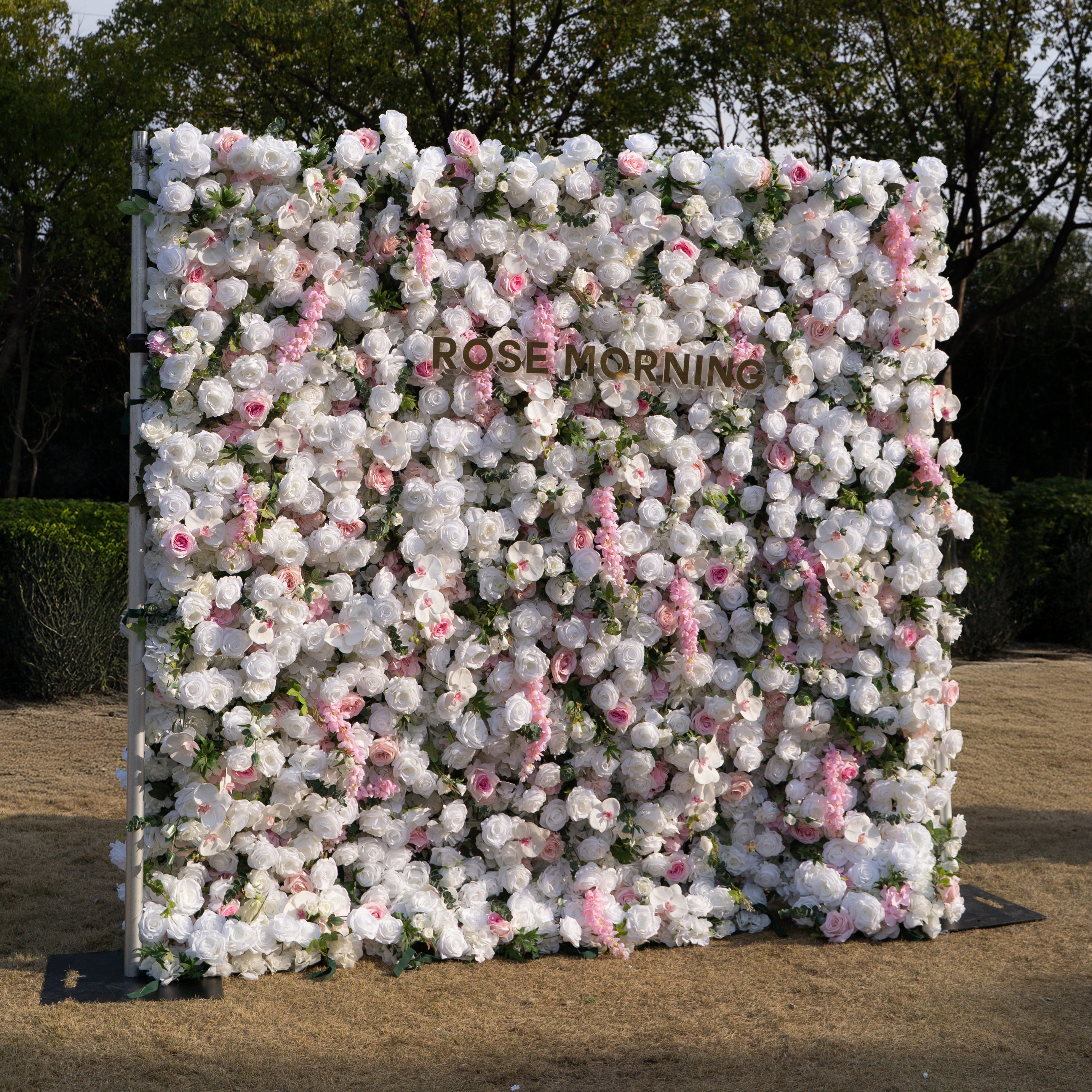 Rowan: 5D White Silk Rose and orchid with pink roses Flower Wall Roll-Up Fabric Backdrop for Elegant Weddings & Events Decoration