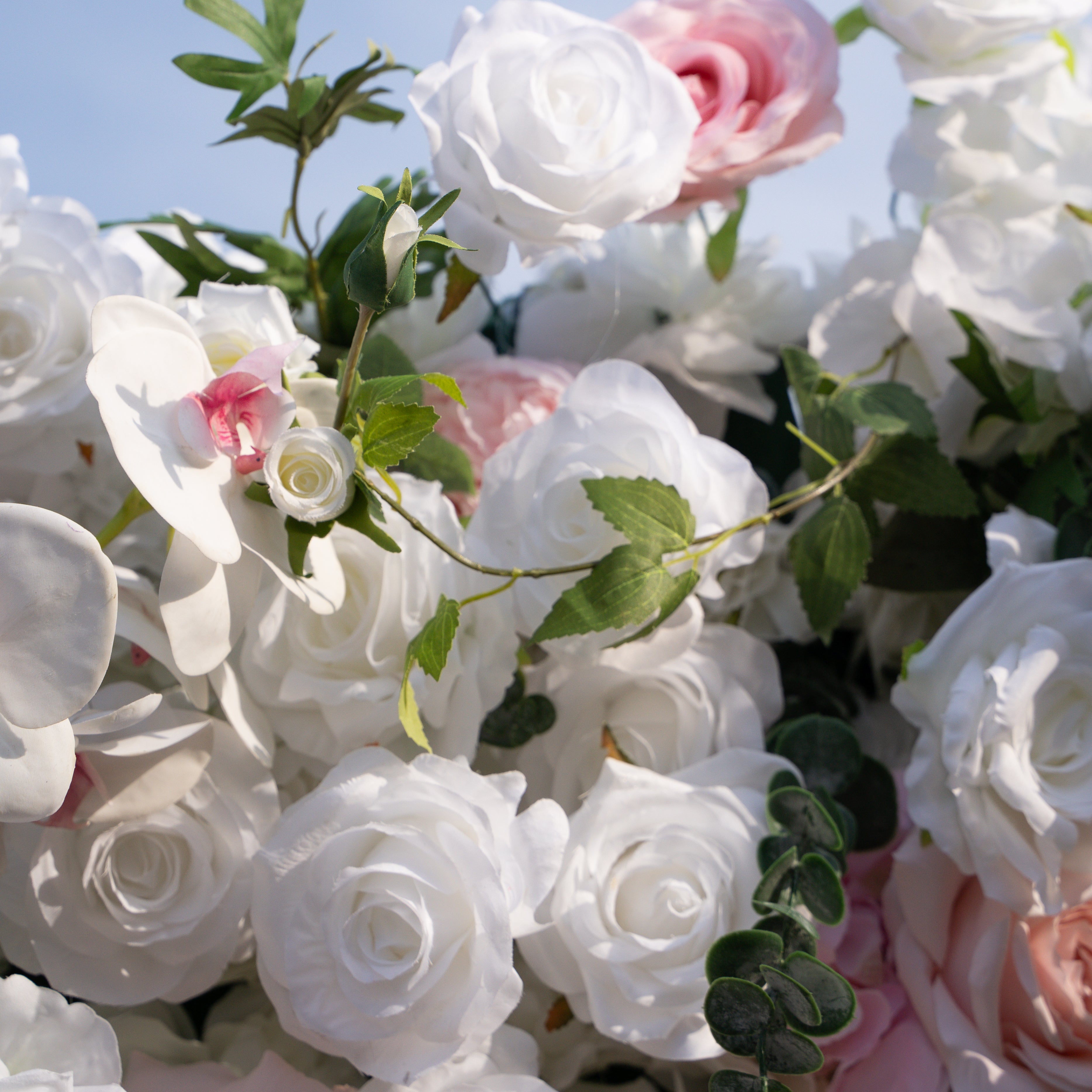 Rowan: 5D White Silk Rose and orchid with pink roses Flower Wall Roll-Up Fabric Backdrop for Elegant Weddings & Events Decoration