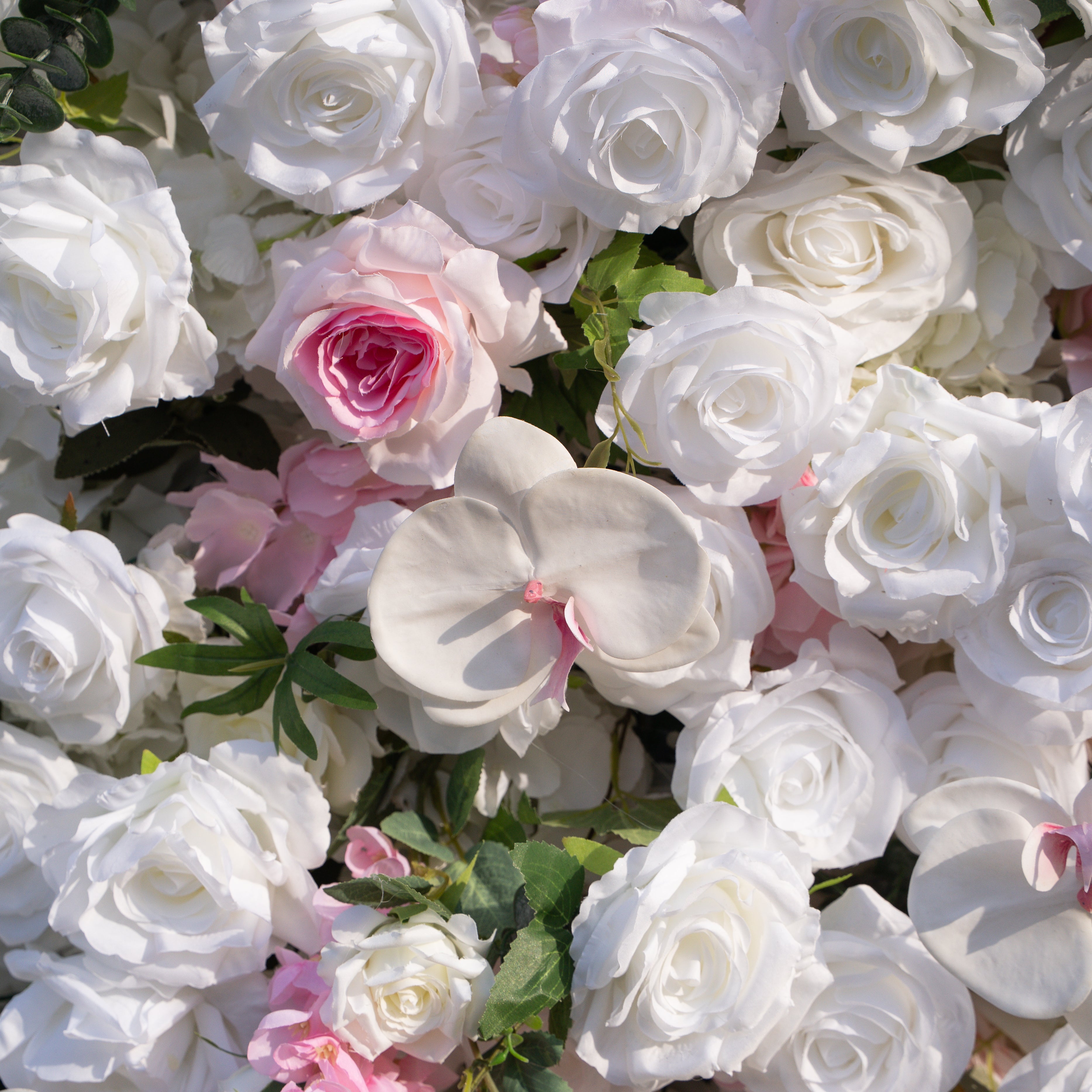 Rowan: 5D White Silk Rose and orchid with pink roses Flower Wall Roll-Up Fabric Backdrop for Elegant Weddings & Events Decoration