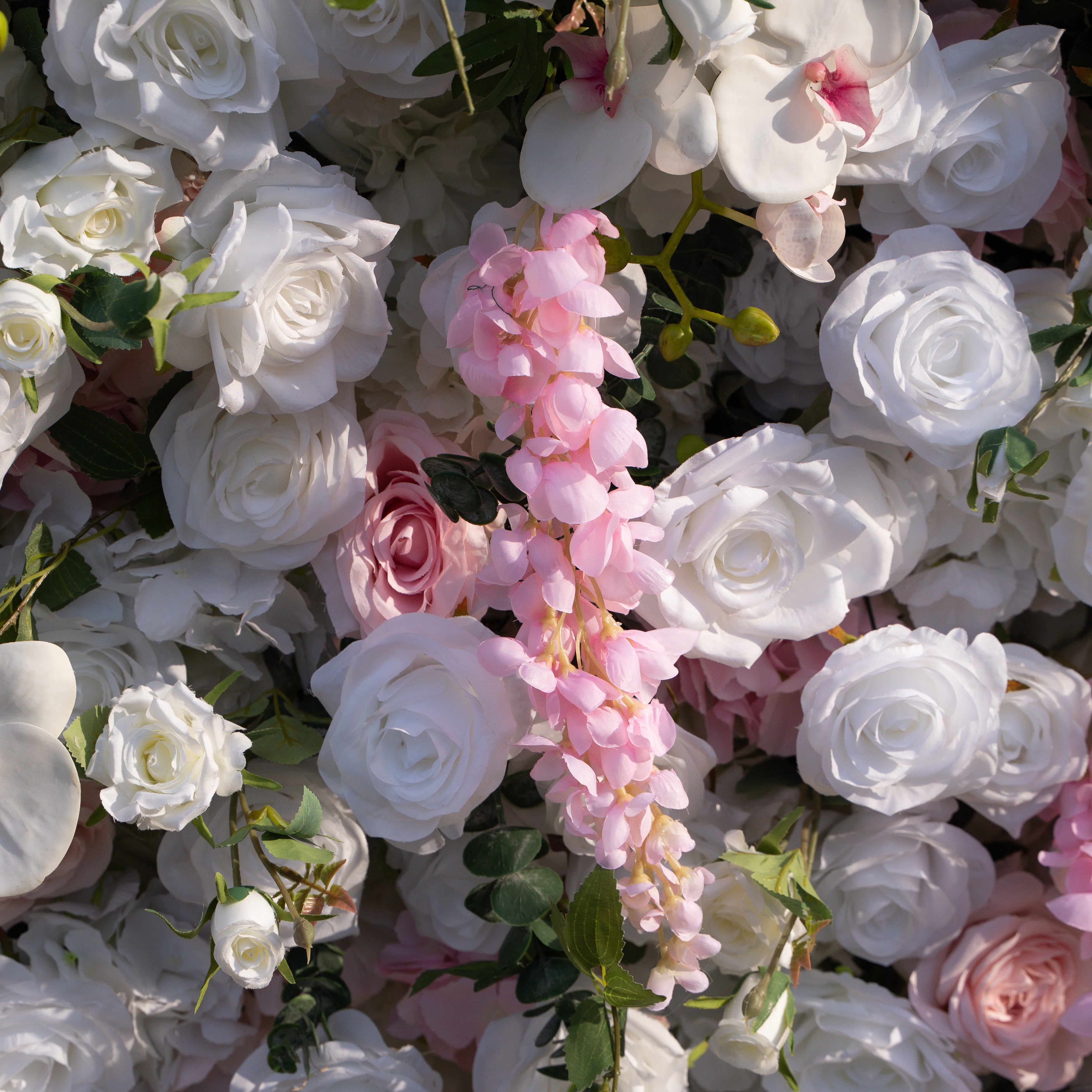 Rowan: 5D White Silk Rose and orchid with pink roses Flower Wall Roll-Up Fabric Backdrop for Elegant Weddings & Events Decoration