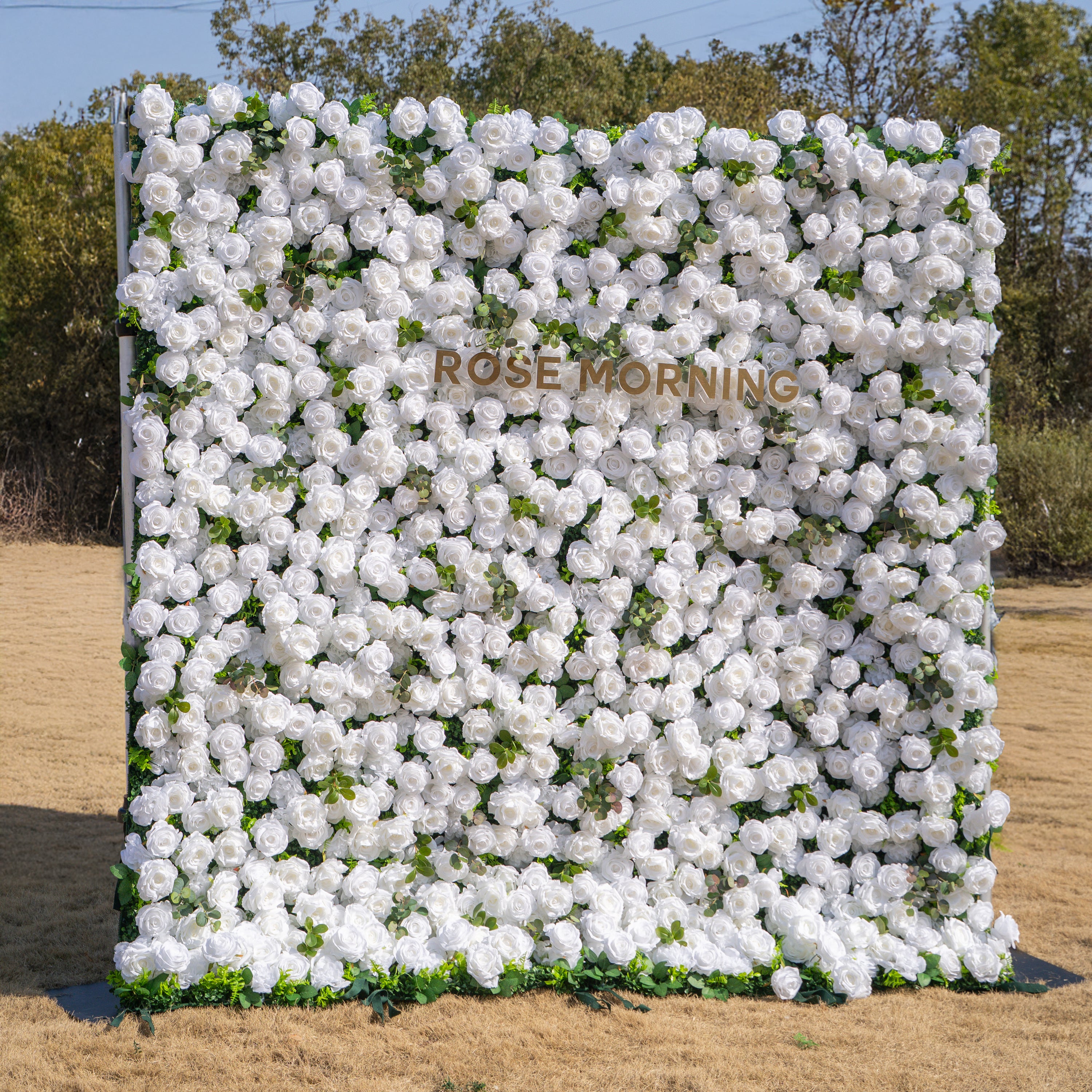 Seren: 3D Luxury White Rose & Greenery Silk Floral Wall Roll-Up Fabric Backdrop for Elegant Ceremonies & Garden Receptions