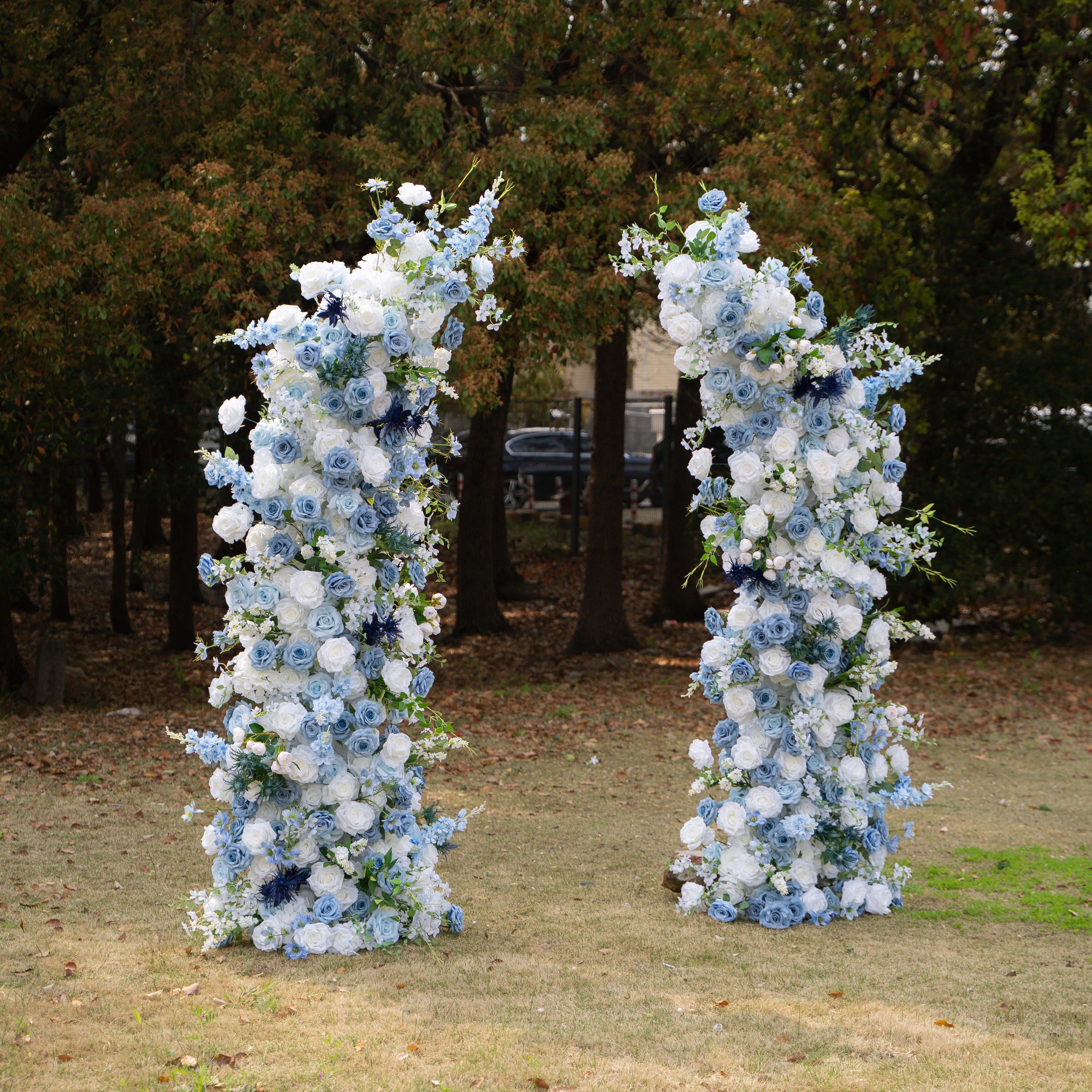 Sereth: Luxury Azure & Cream Silk Rose Ground Arch Arrangement for Dreamy Seaside Weddings & Romantic Aisle Decor