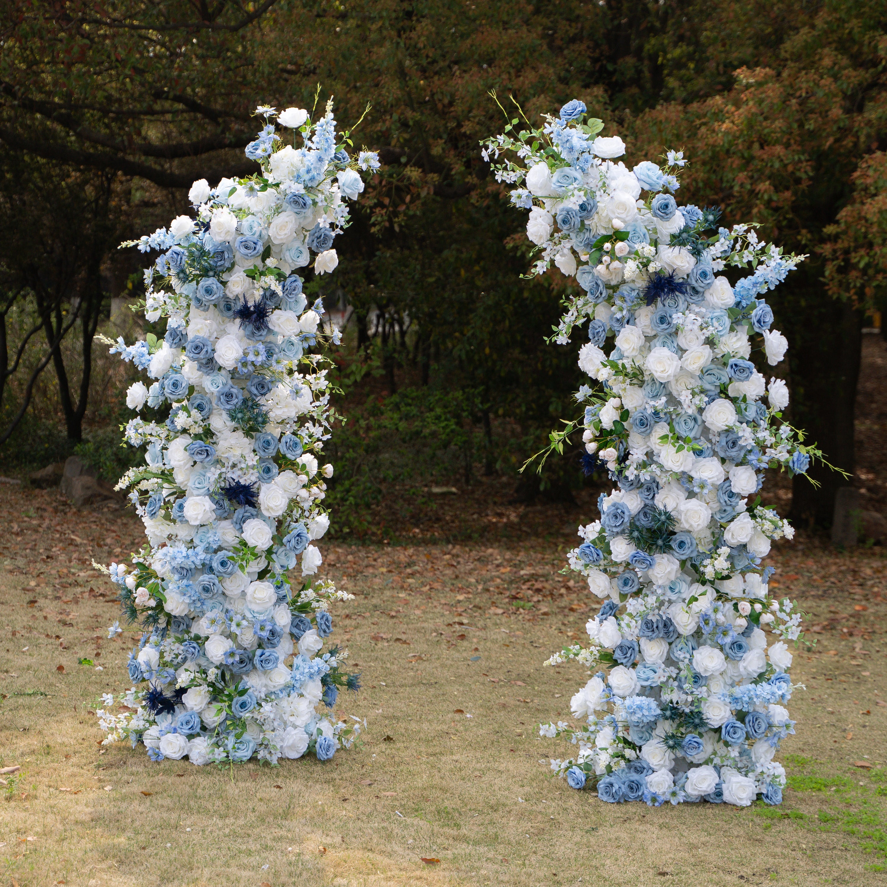Sereth: Luxury Azure & Cream Silk Rose Ground Arch Arrangement for Dreamy Seaside Weddings & Romantic Aisle Decor