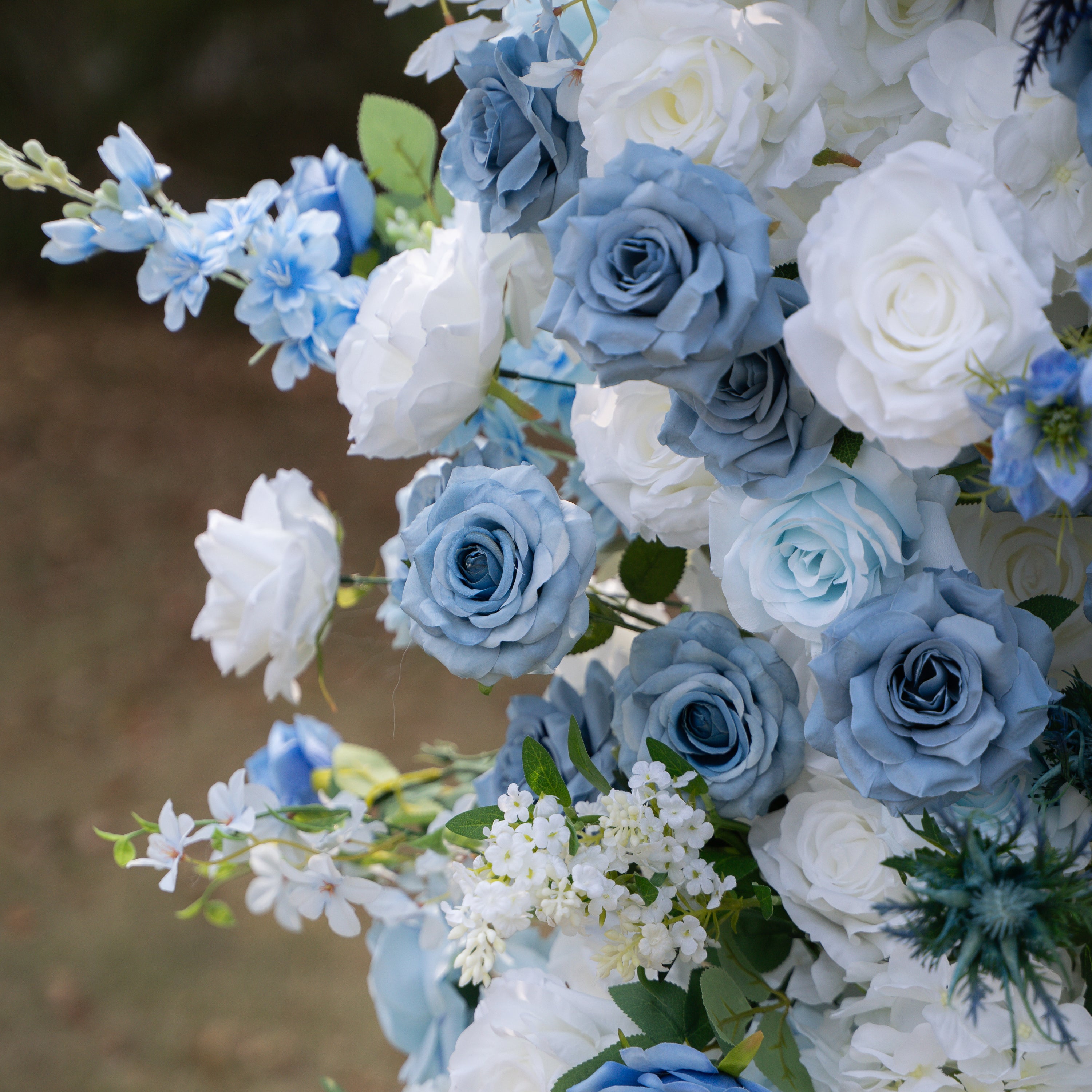 Sereth: Luxury Azure & Cream Silk Rose Ground Arch Arrangement for Dreamy Seaside Weddings & Romantic Aisle Decor