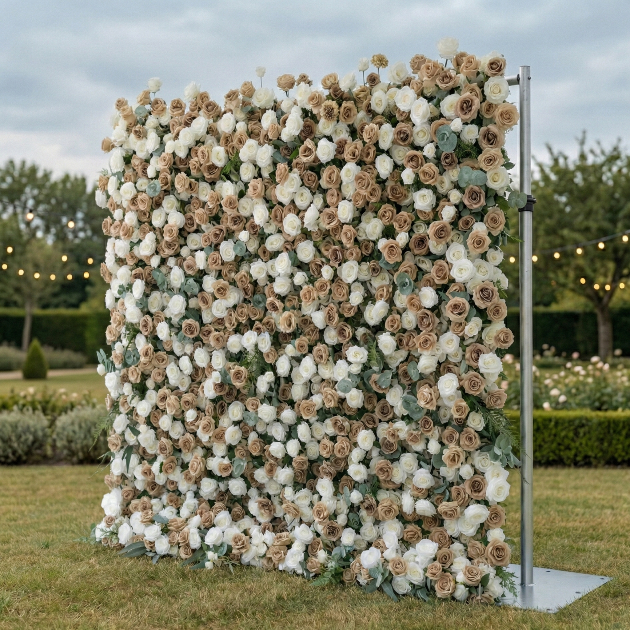 Sorcha: 5D Luxury Latte & Cream Silk Rose Flower Wall Roll-Up Fabric Backdrop for Grand Manor Weddings & Events