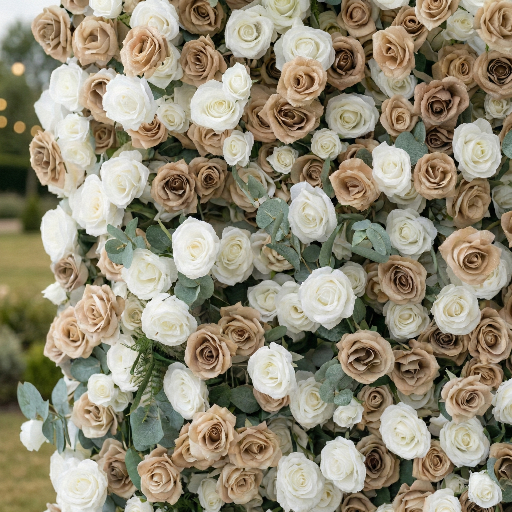 Sorcha: 5D Luxury Latte & Cream Silk Rose Flower Wall Roll-Up Fabric Backdrop for Grand Manor Weddings & Events