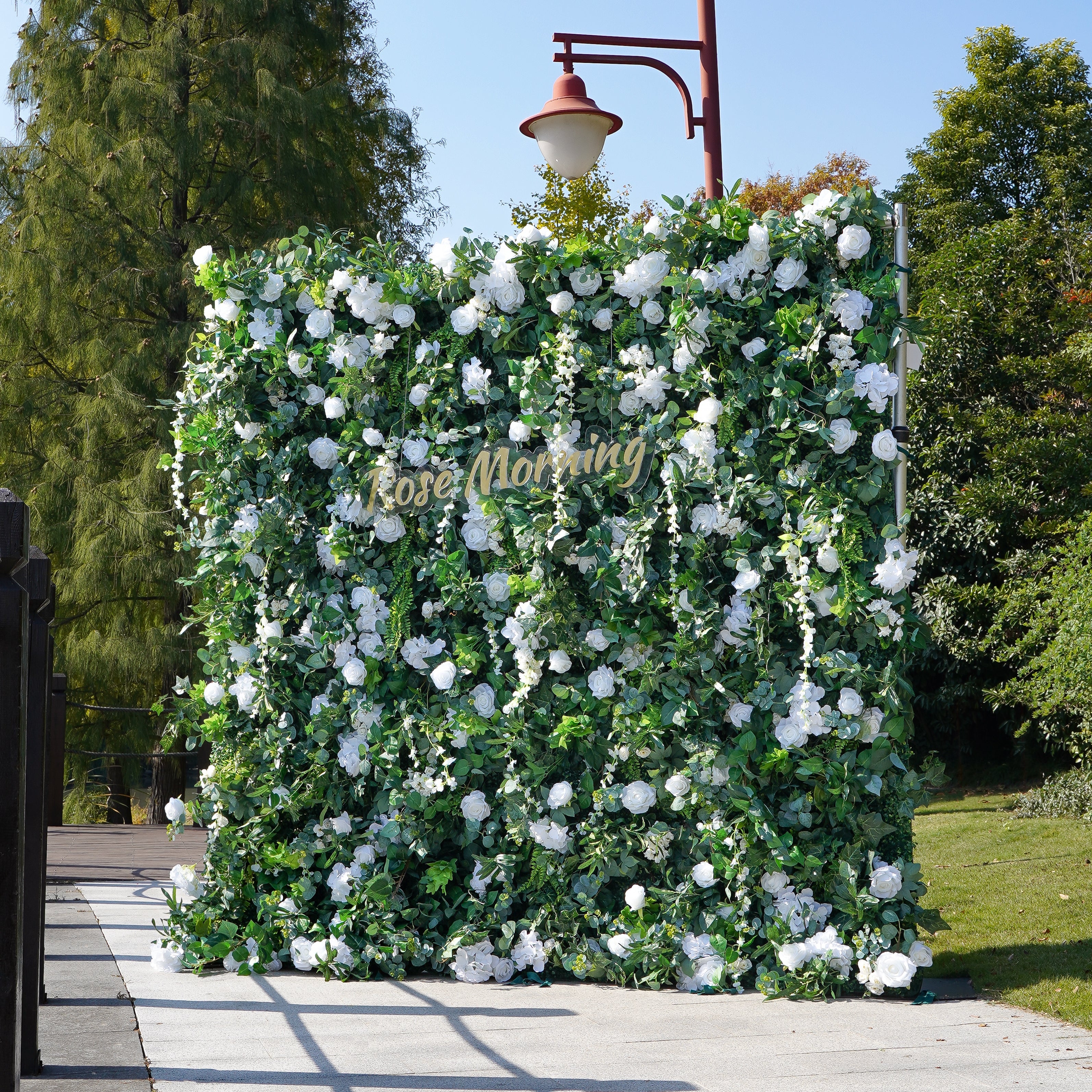 Rose Morning“The flower walls are made of artificial flowers in various colors, layered at different levels to create a lush, elegant and natural look. The exclusive zipper design and roll-up design make it easy to install and remove.”