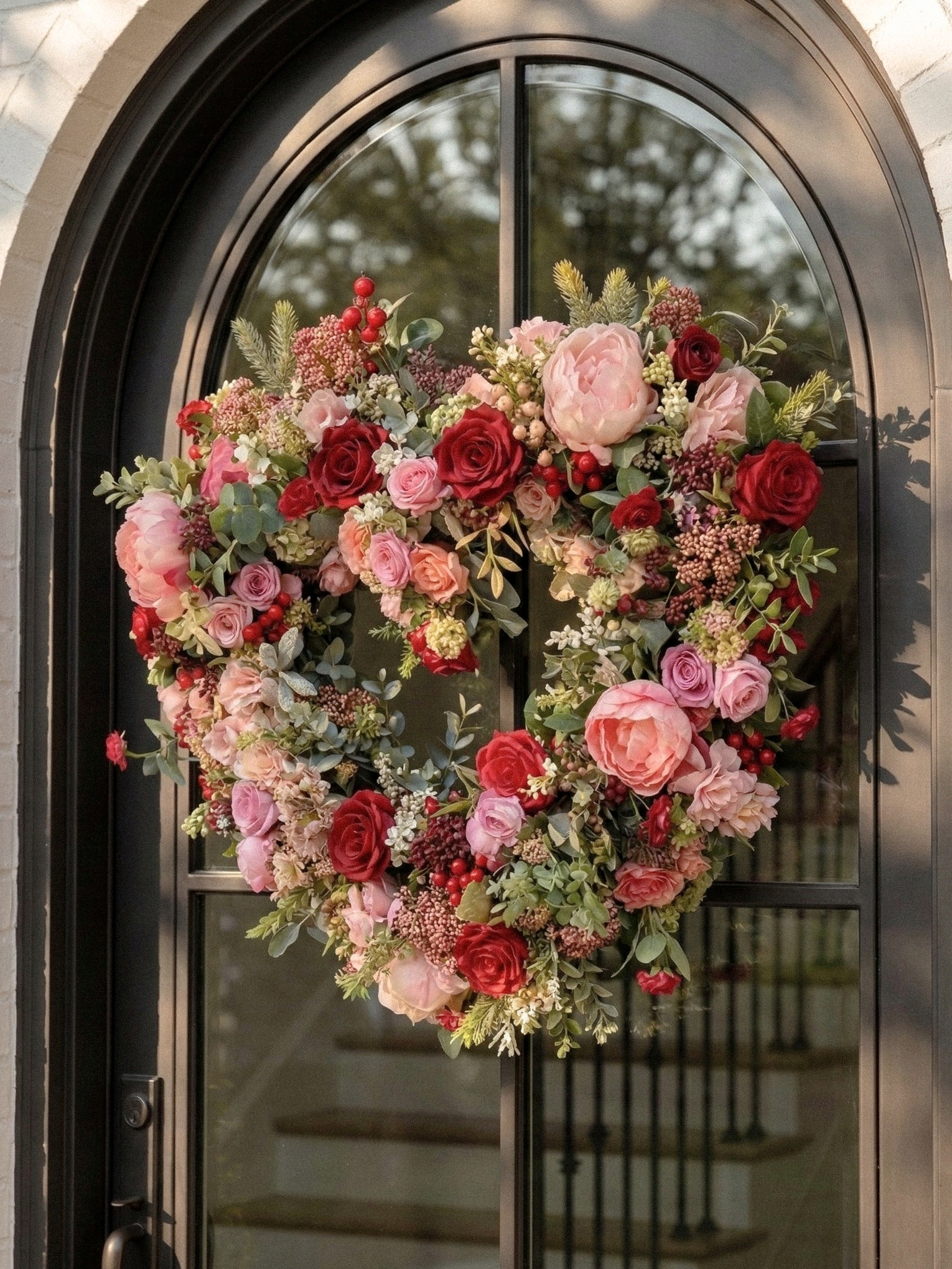 New Spring Style 20" Wreath with Pink&Red Roses and red berry For Door Hanging