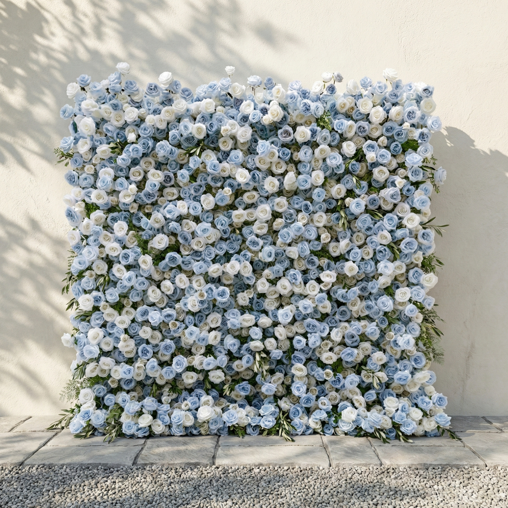 Stellan: 5D Elegant Serene Blue & Ivory Silk Floral Wall Roll-Up Fabric Backdrop for Seaside Weddings & Parties